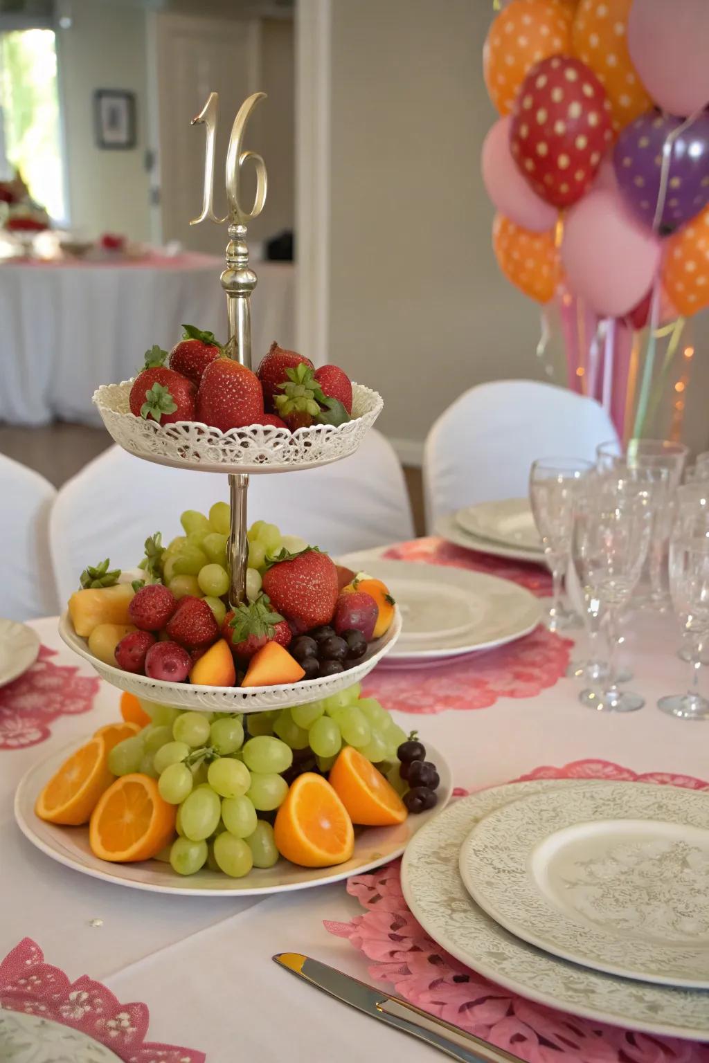 Fresh fruit adds color and vibrancy to the centerpiece.