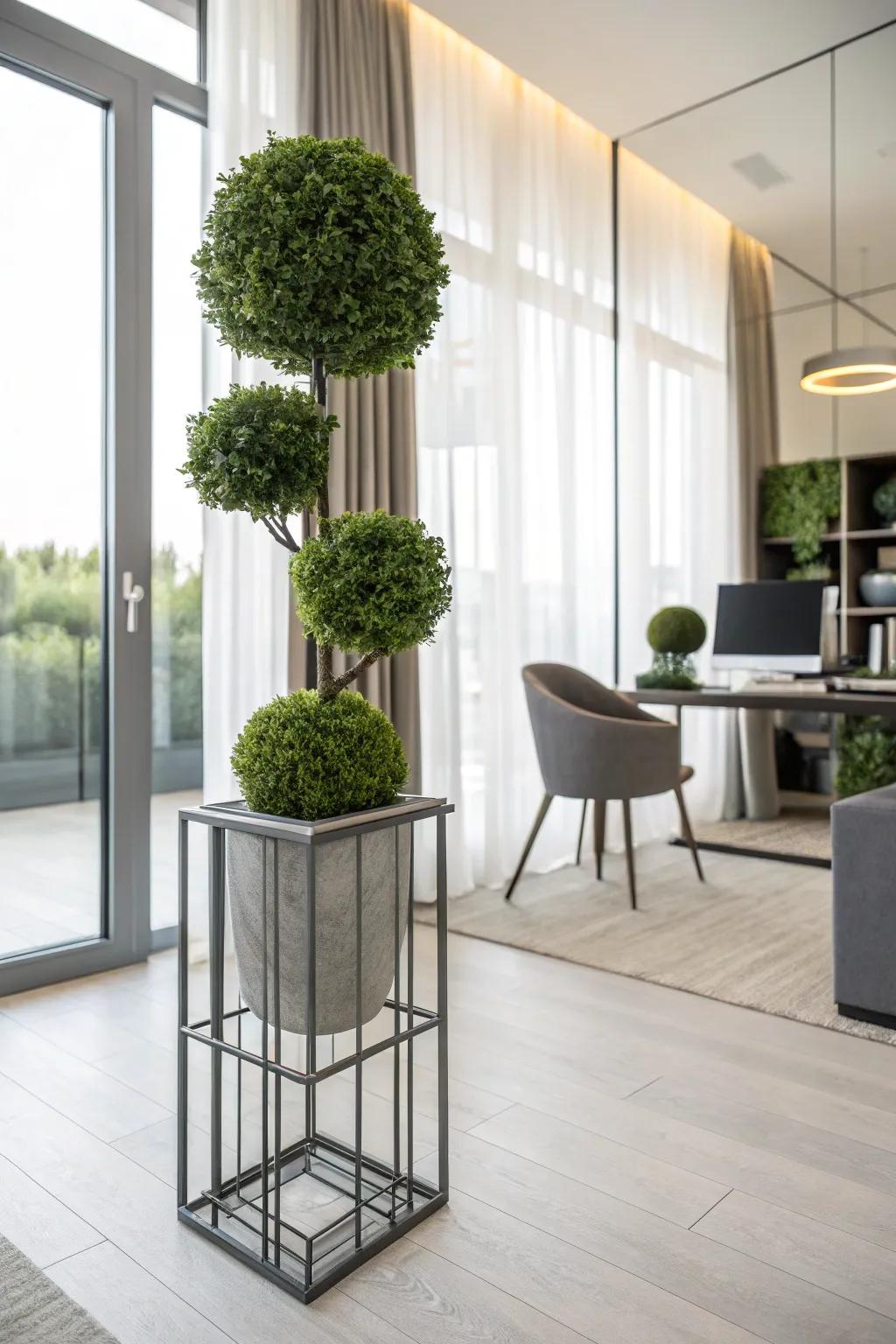 A modern geometric topiary adding a sleek touch to a contemporary office space.