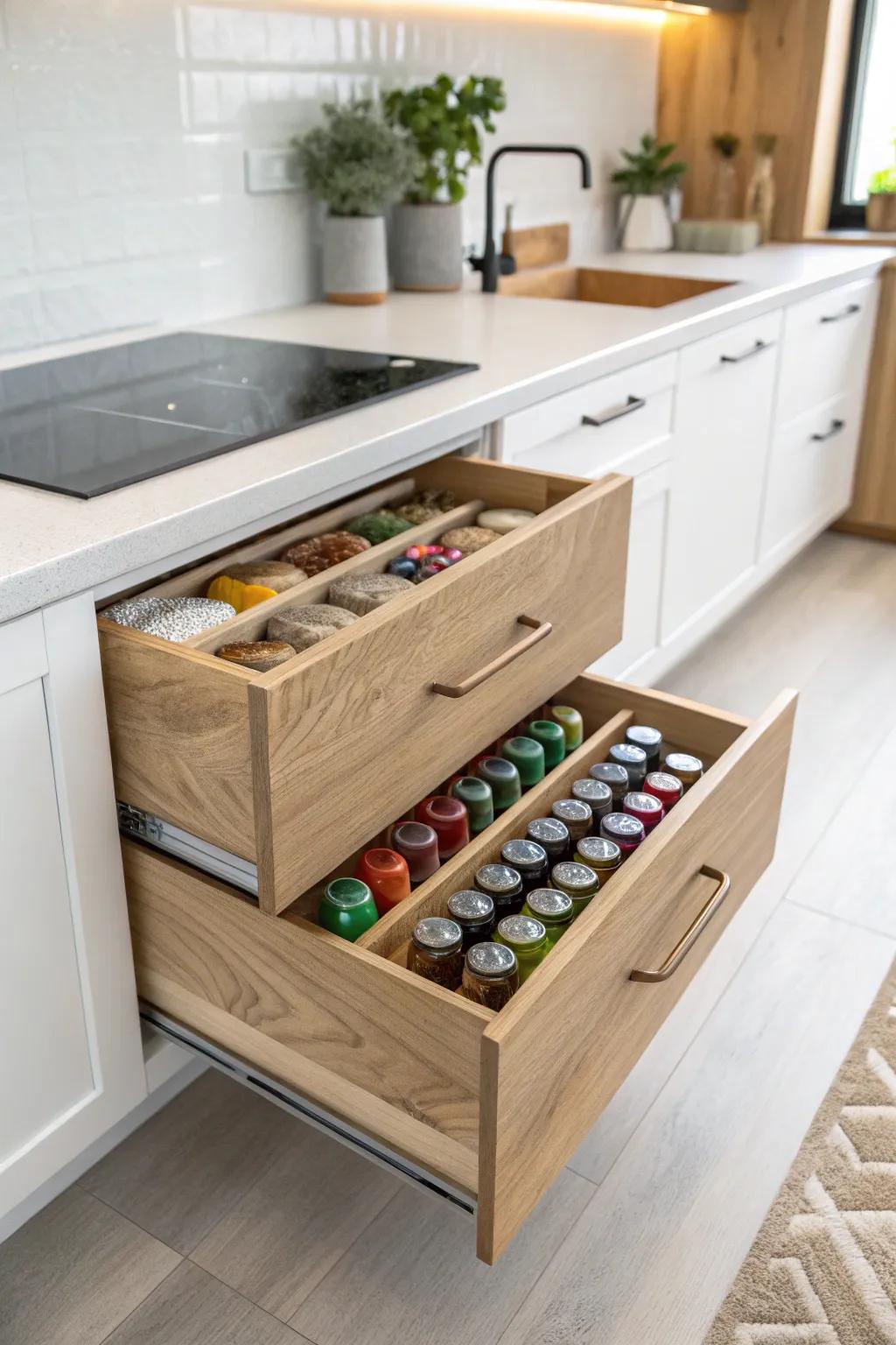 Unveil culinary magic with a chic tilt-out spice drawer that blends style and surprise in your minimalist kitchen.