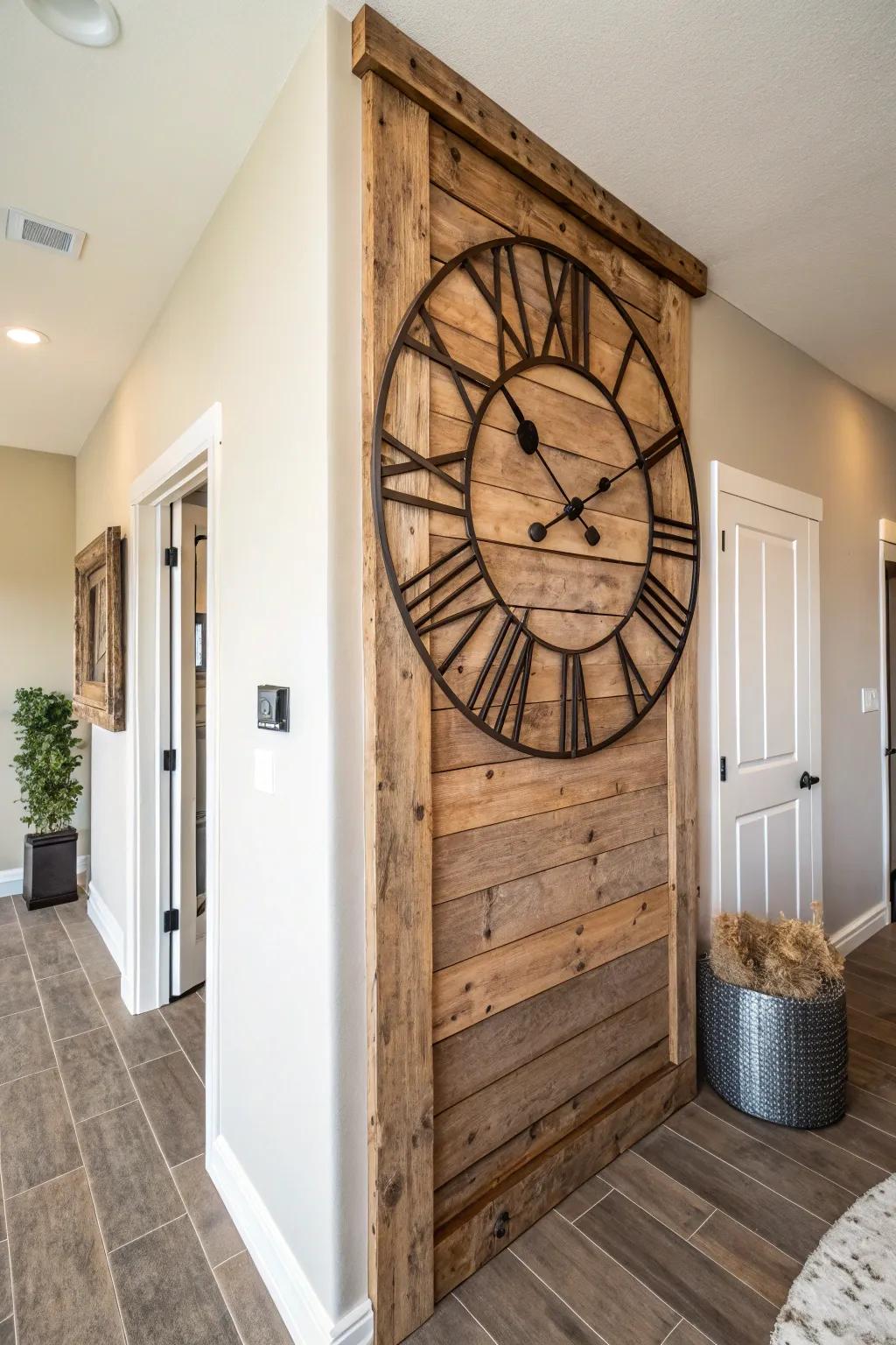 Enhance your space with a rustic oversized clock.