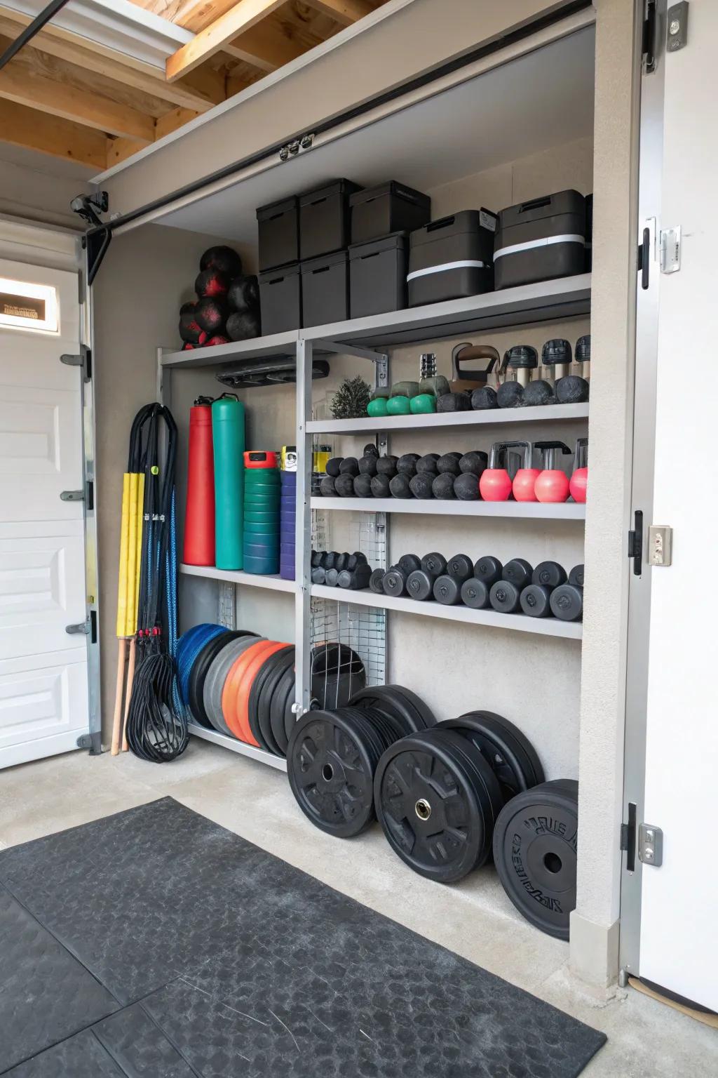 Built-in shelves make the most of garage gym space.