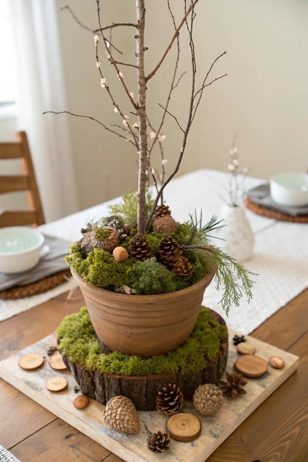 Embrace nature's beauty with this earthy woodland centerpiece, perfect for an enchanting baby shower.