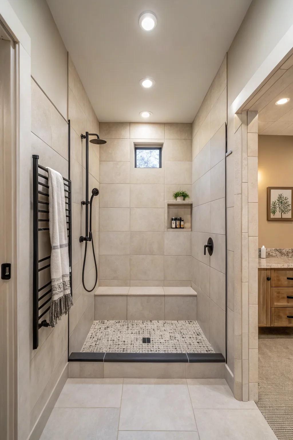 A neutral palette brings timeless elegance to this doorless walk-in shower.