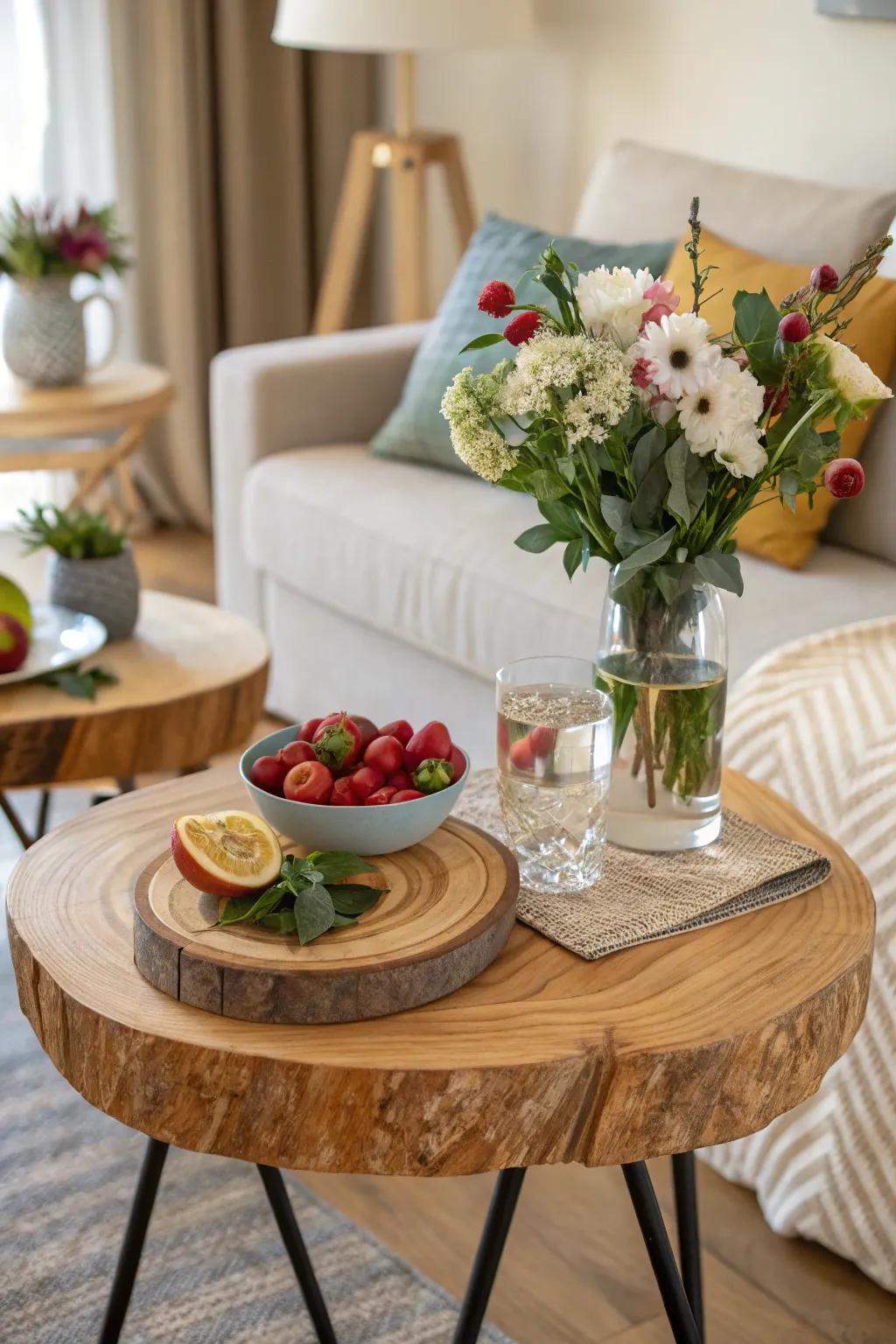 A nature-inspired drink table with beautiful wood grain.