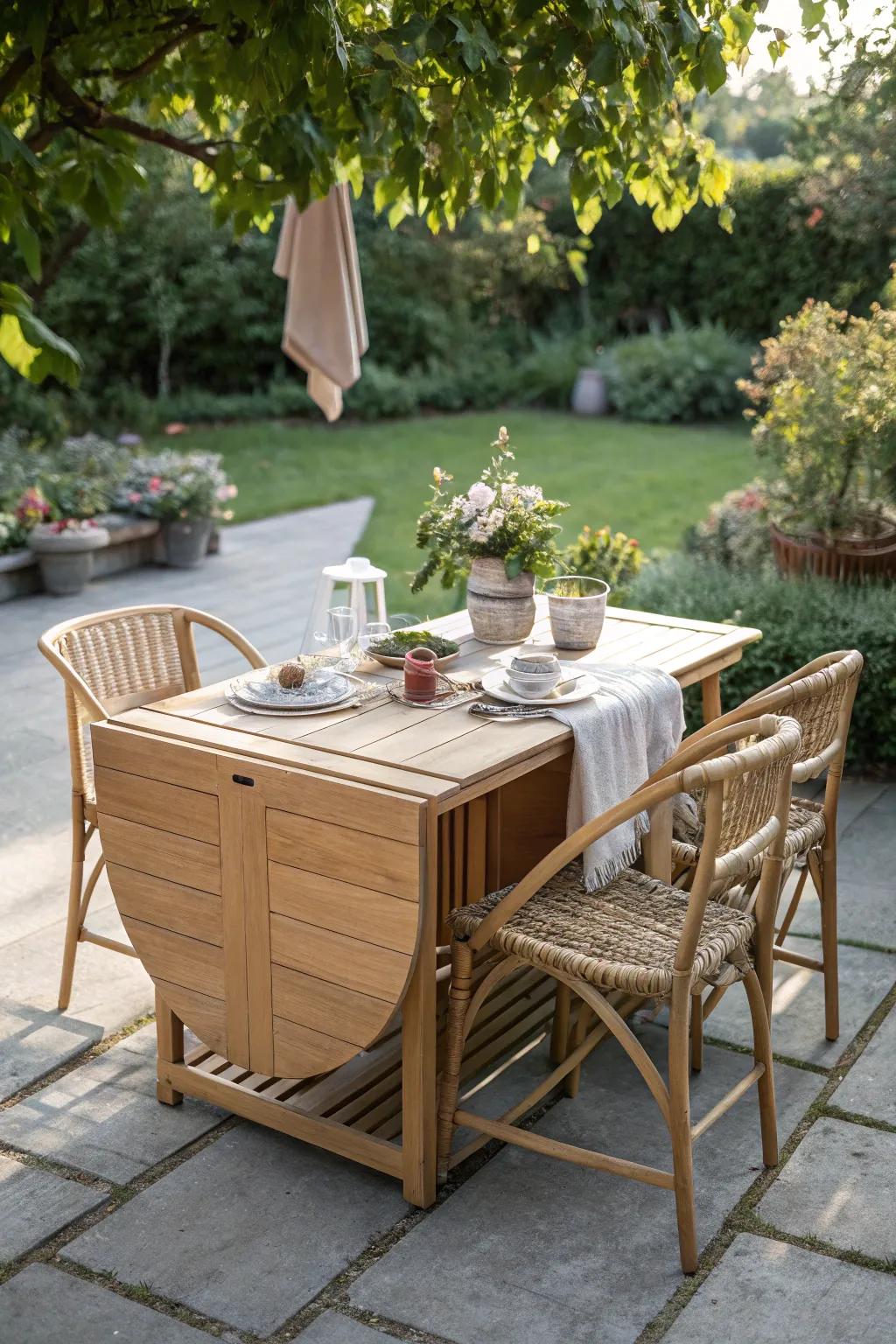 Transform your garden into a serene oasis with this elegant drop leaf patio table. Perfect for gatherings and quiet moments alike.