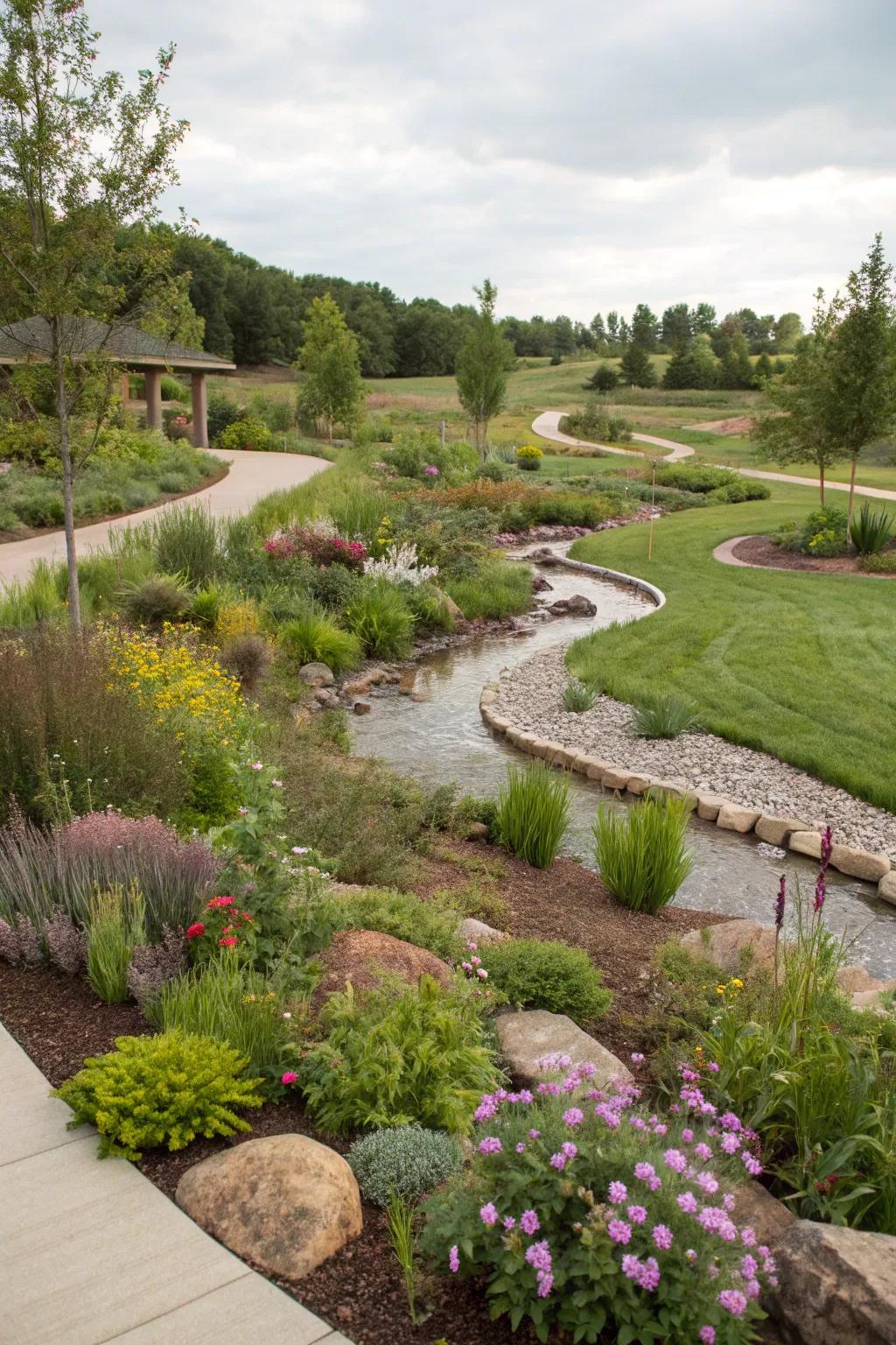 Bioswales and rain gardens manage water and add beauty.