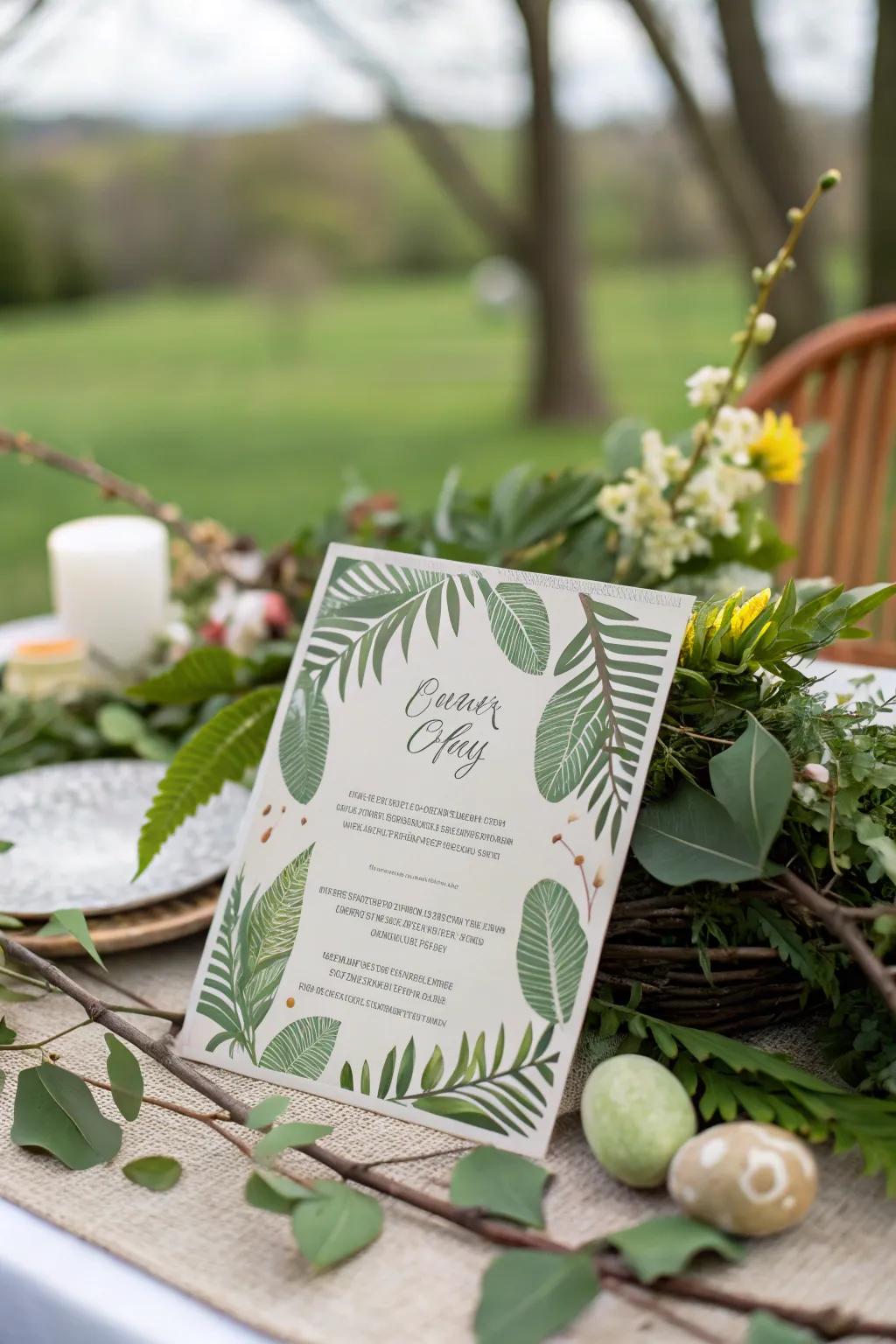 Leaf print invitations offer an earthy, nature-inspired touch.