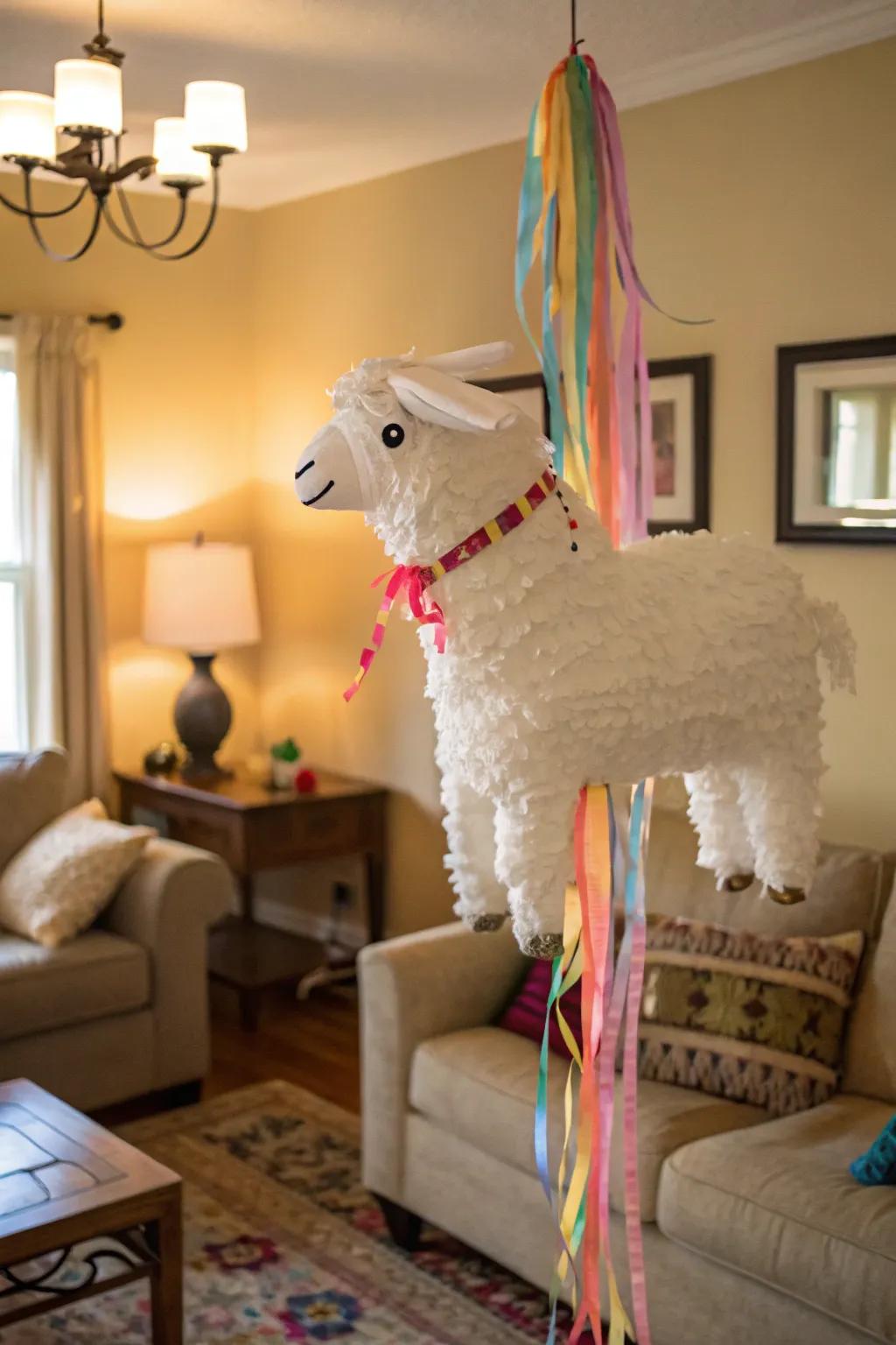 A fluffy sheep pinata that adds a playful touch to Easter.