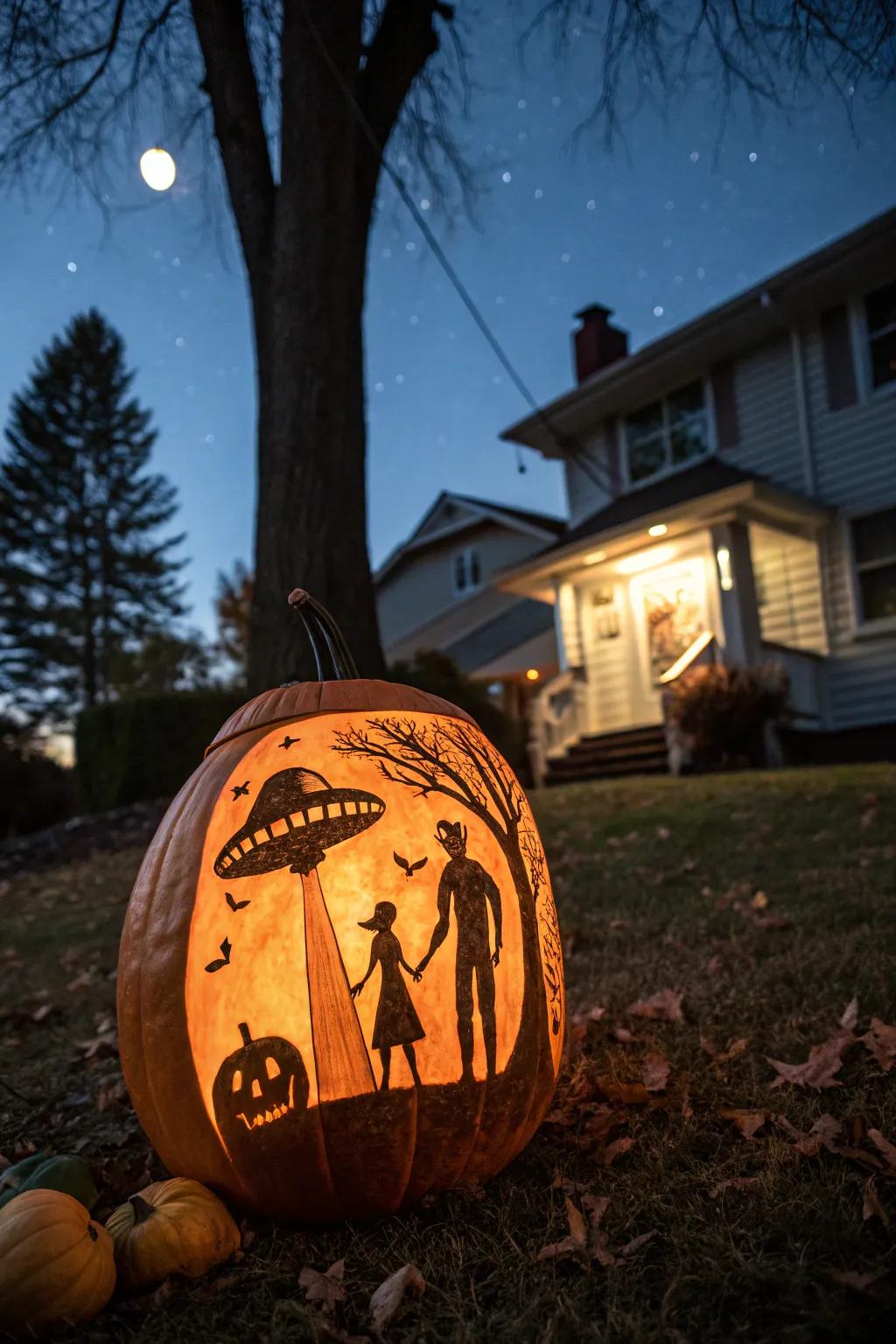 An alien abduction scene carved into a pumpkin.