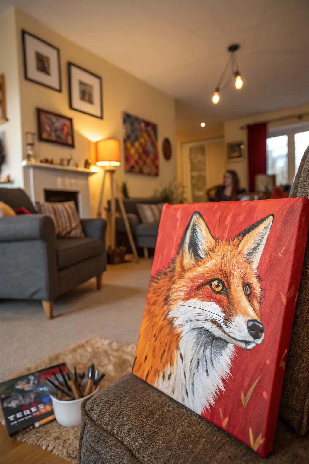 A friendly fox painting that brings a touch of the wild to your home.