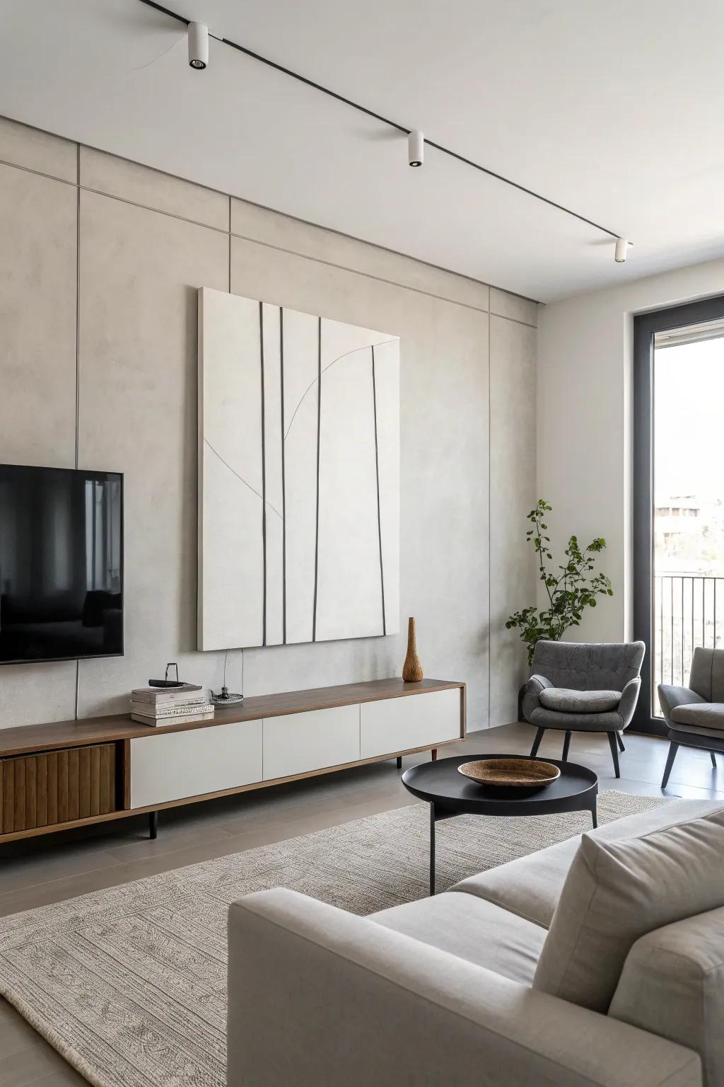 A minimalist canvas with clean lines adds sophistication to a modern living room.