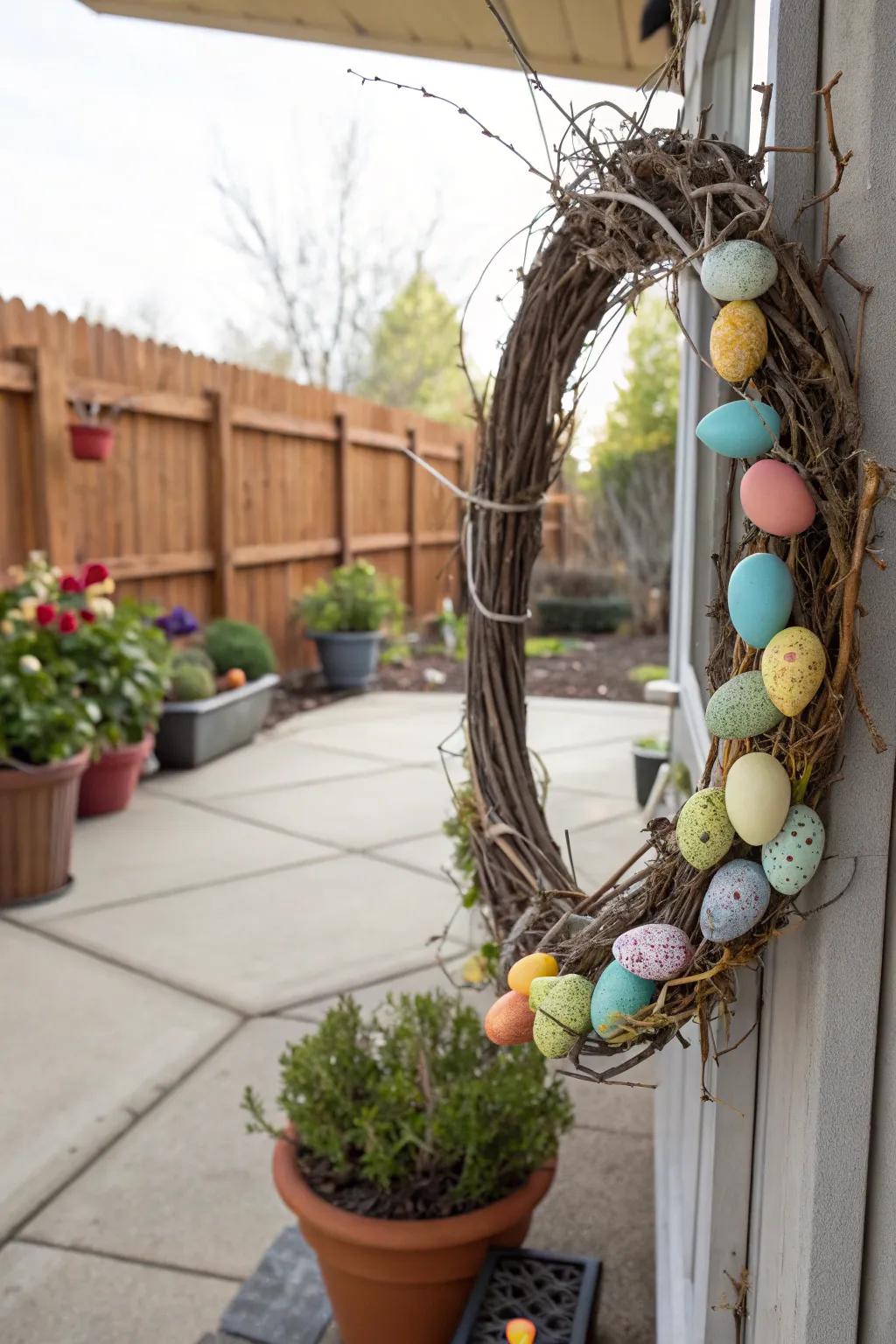 Nature-inspired rustic twig and egg Easter wreath.