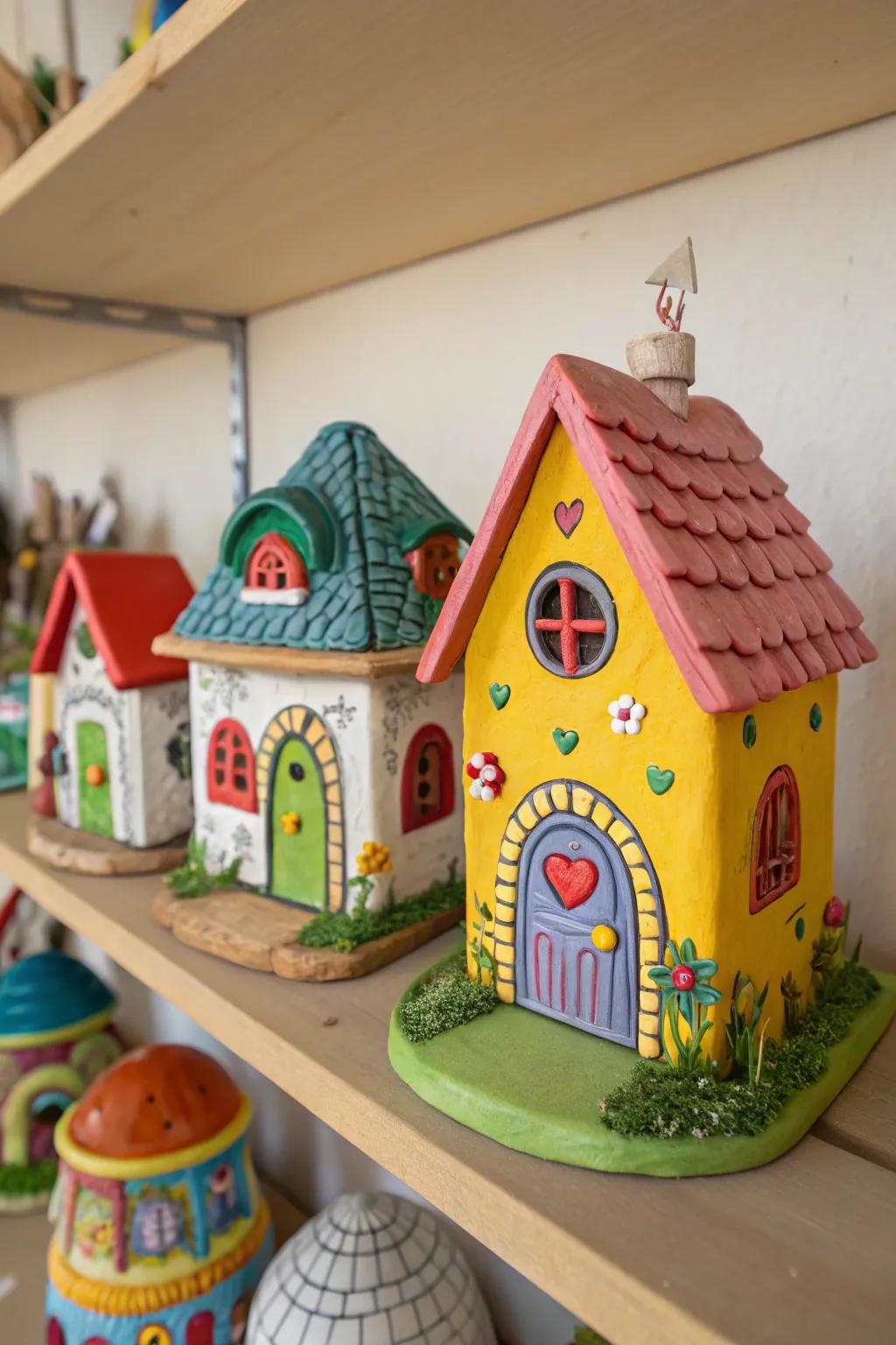 Charming mini clay house sculptures that create a whimsical village display.