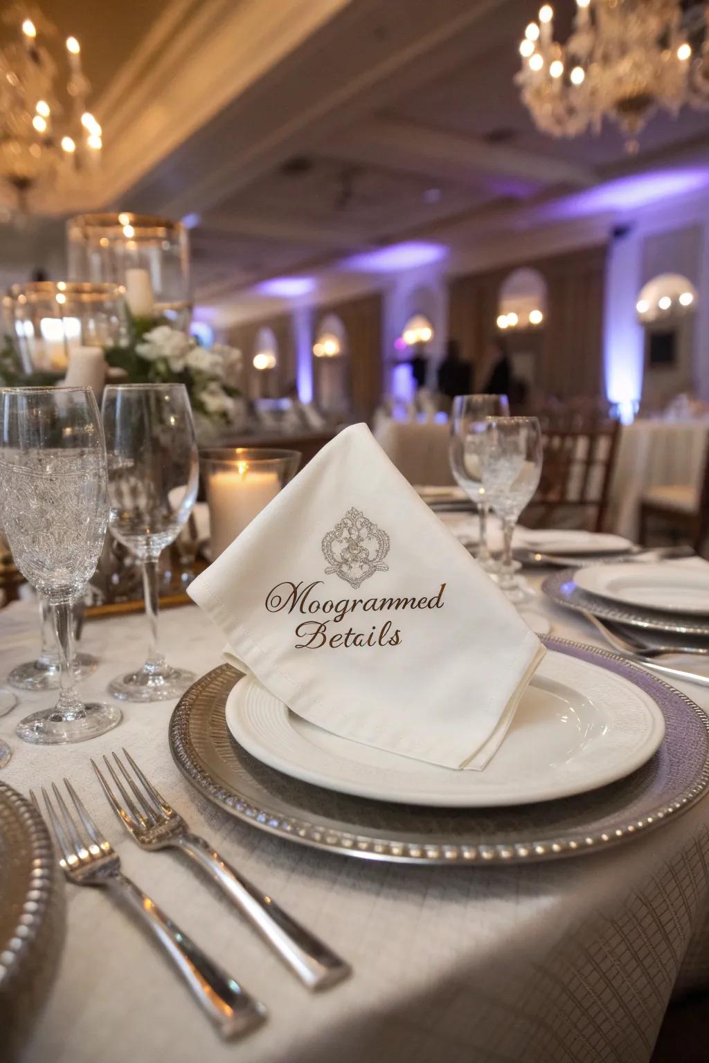 Custom monogrammed details add a personal touch to the elegant event setting.