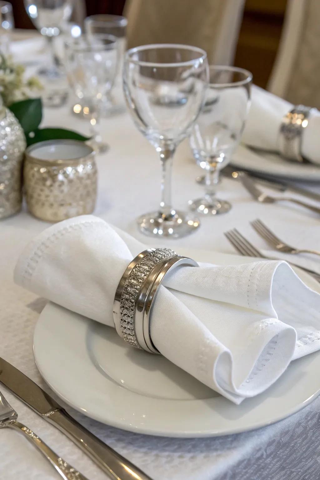 Silver napkin rings add elegance to table settings.