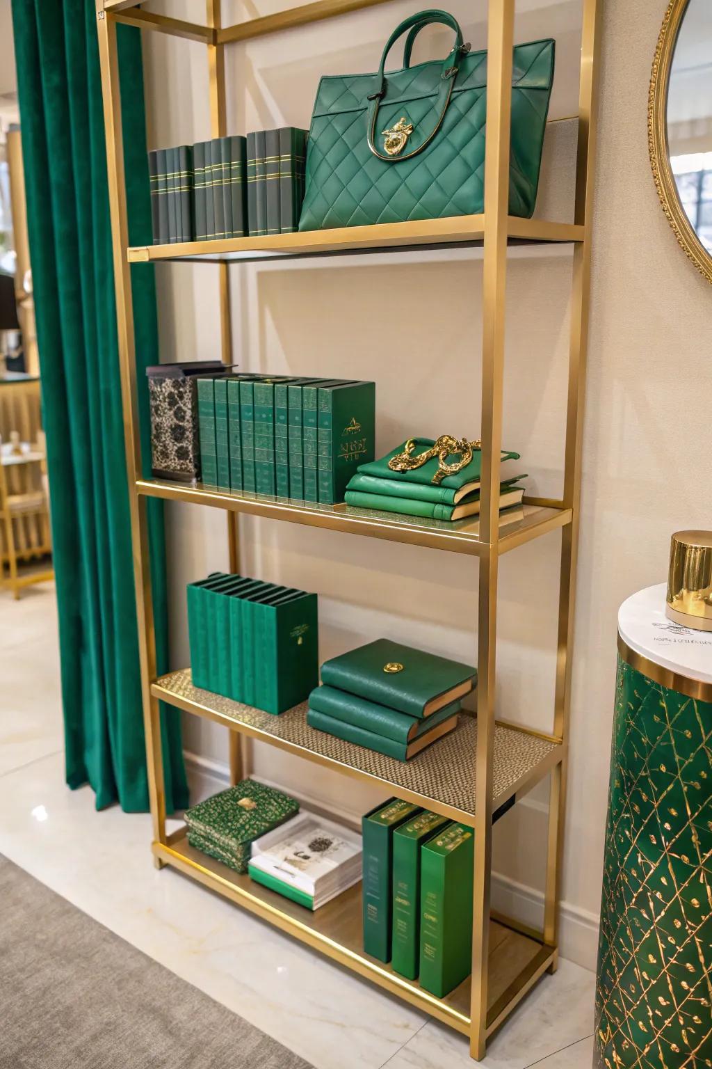 A stylish gold bookshelf showcasing books and emerald green accessories.