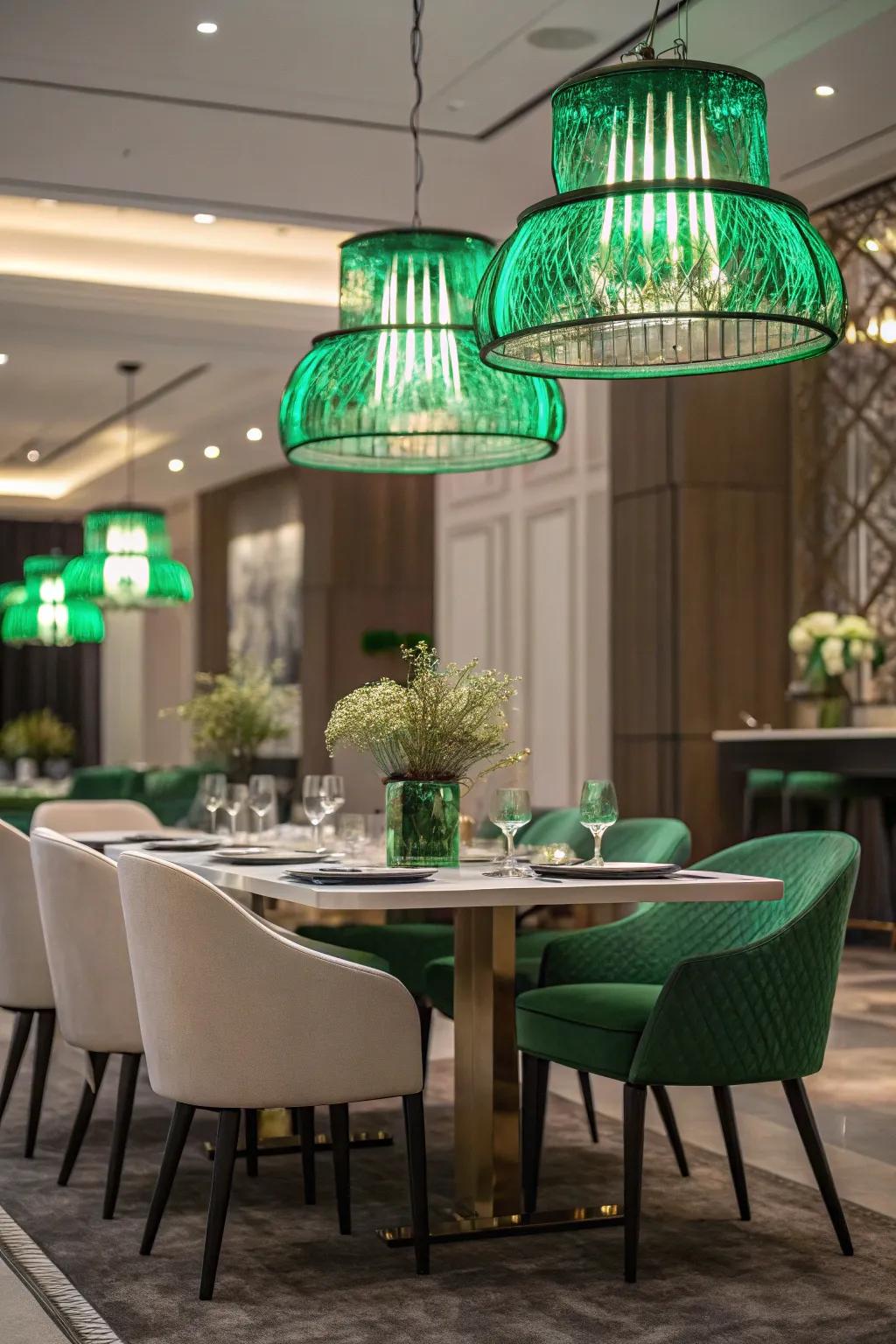 Emerald green lighting fixtures add a modern touch and focus.