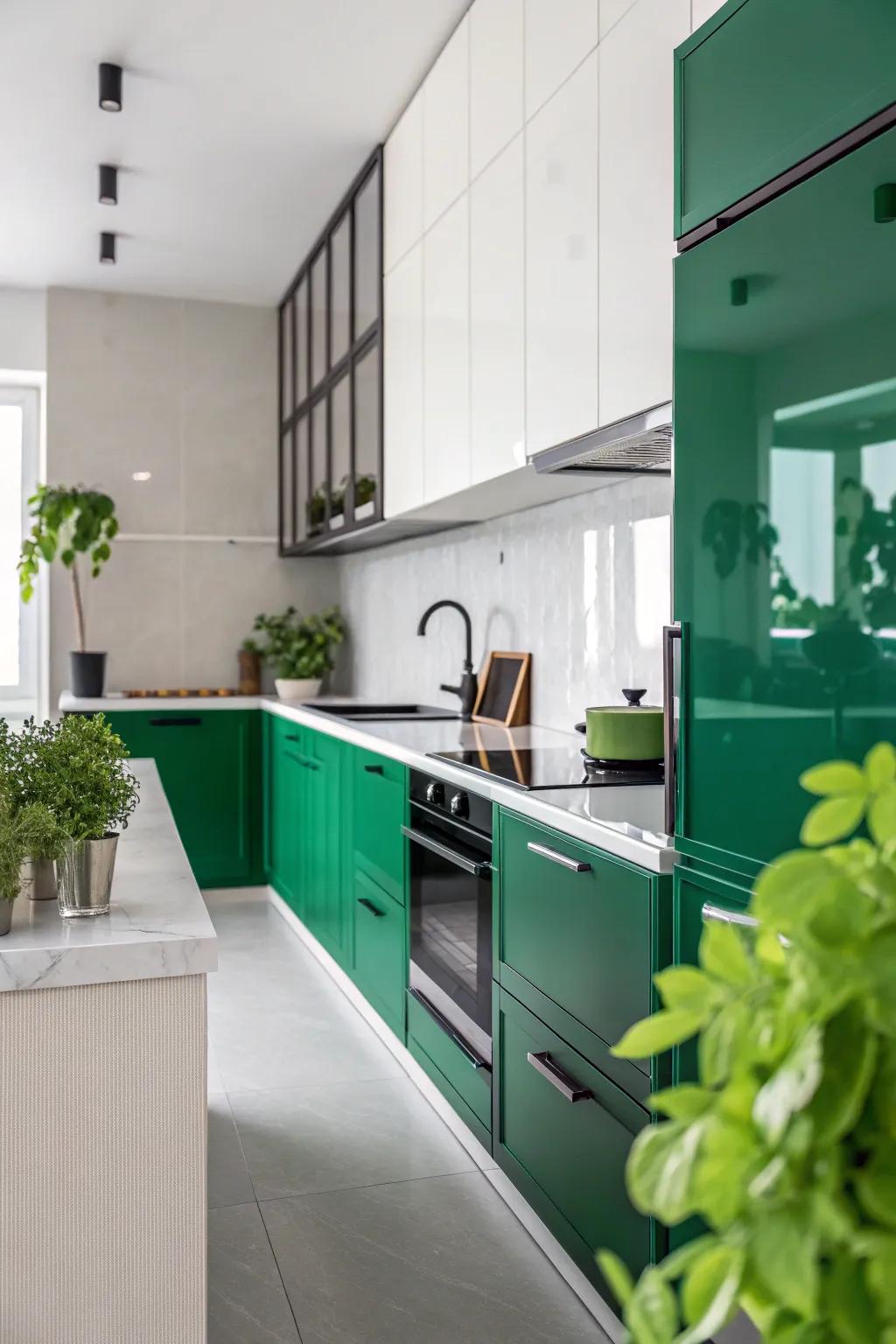 A clean and simple kitchen design with minimalist emerald green accents.