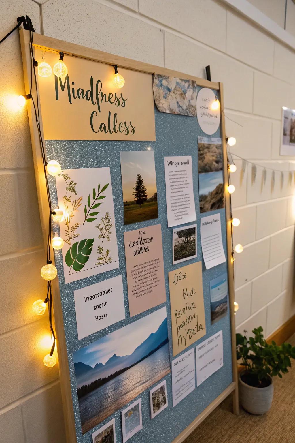 A serene mindfulness board offering tips and calming visuals.