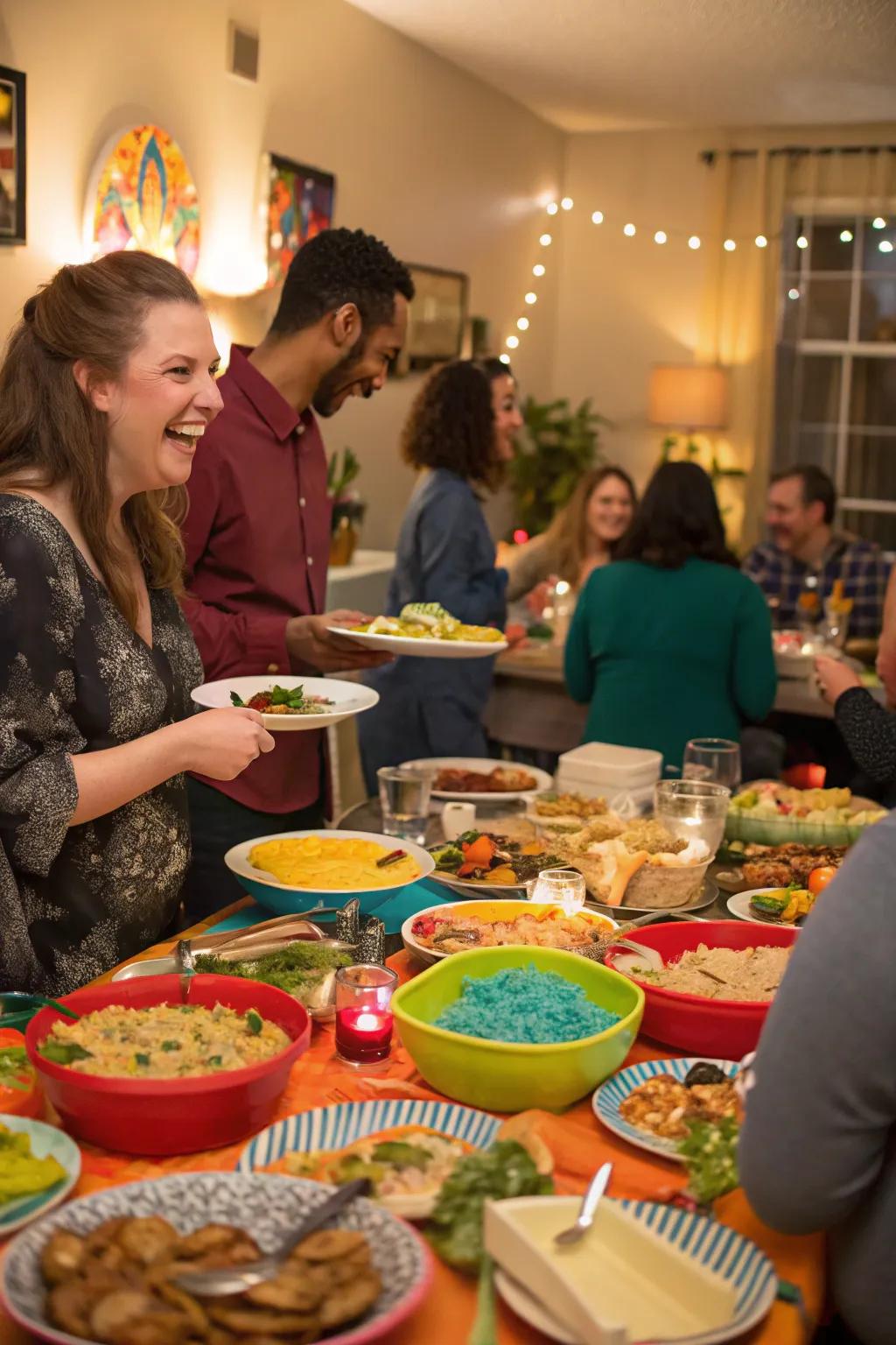 A potluck dinner brings everyone together with shared flavors.