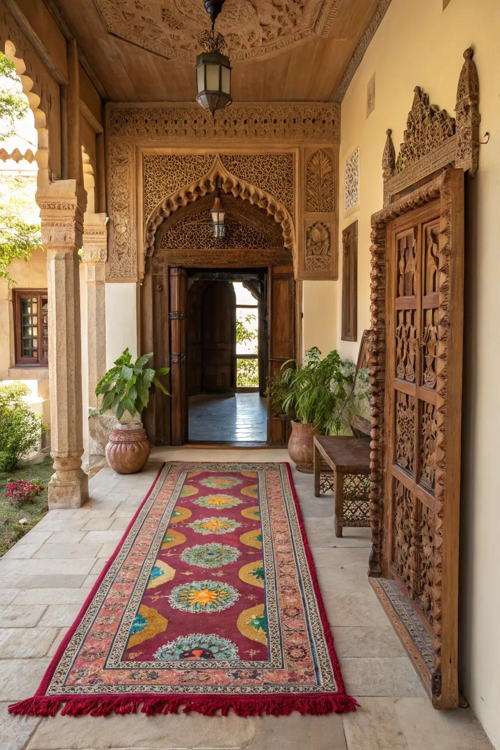 A statement rug adding color and warmth to the entrance.