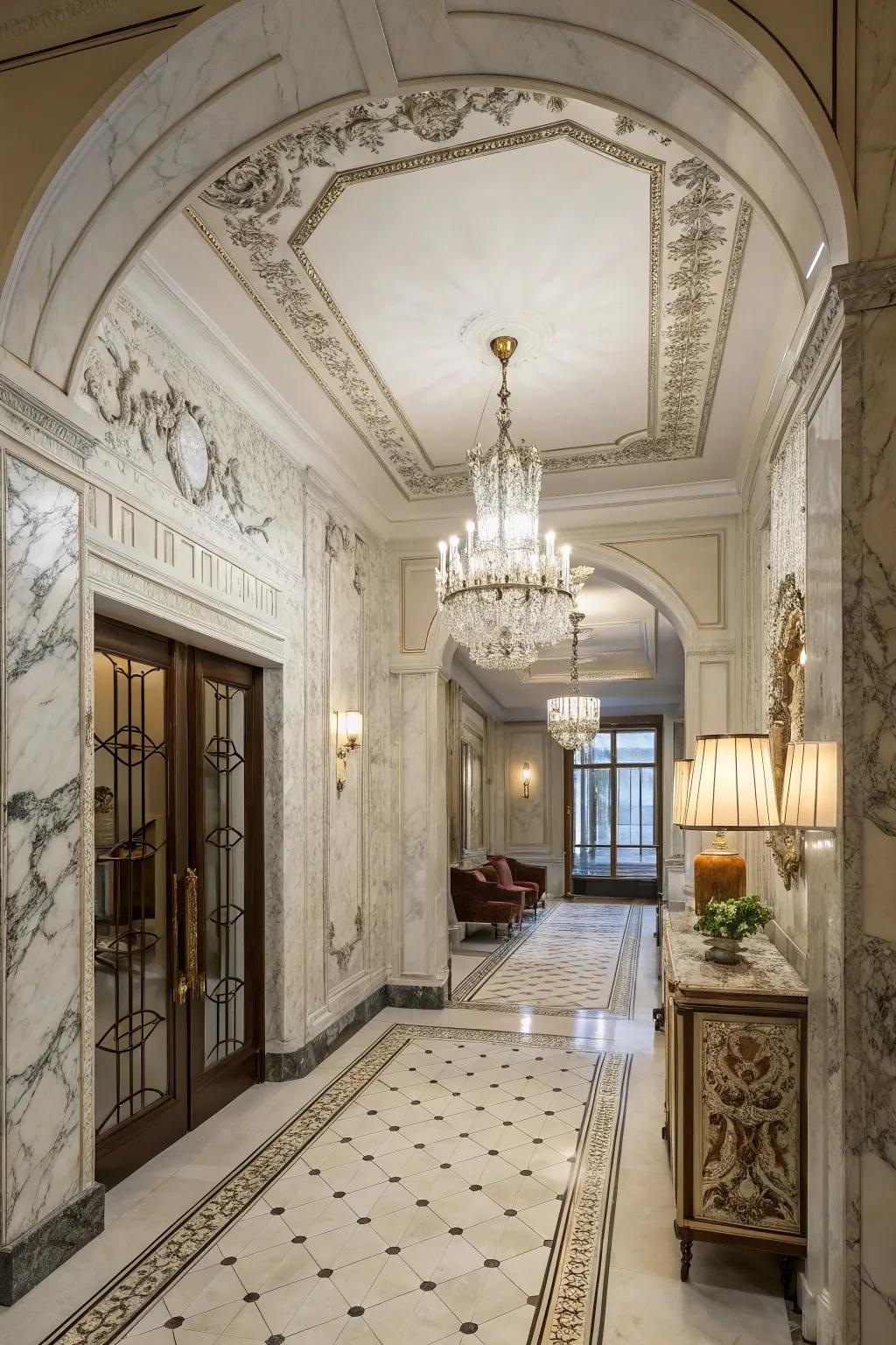 Marble-inspired wainscoting offers luxury and sophistication.