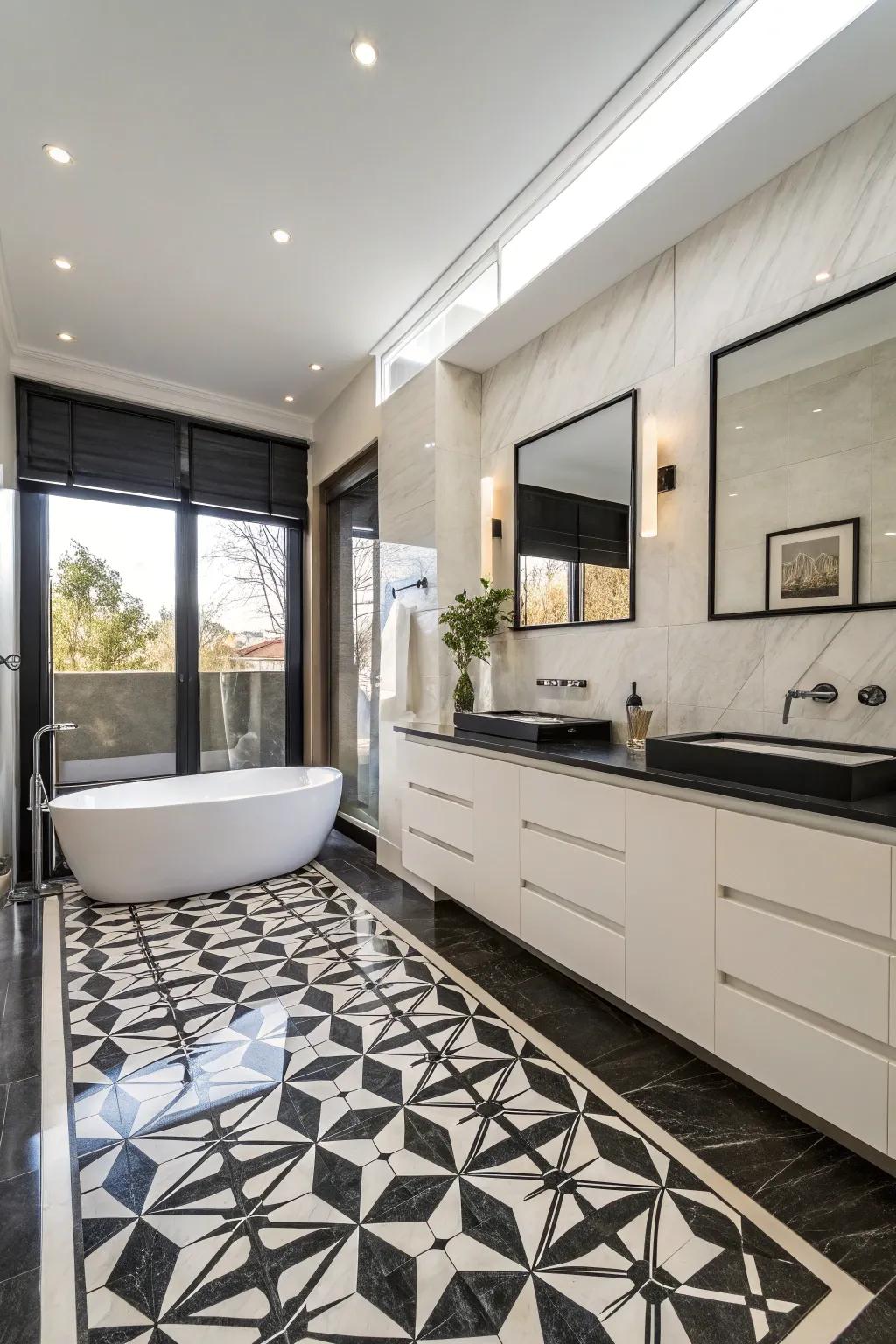 Striking monochrome epoxy floor adding visual impact to the bathroom.