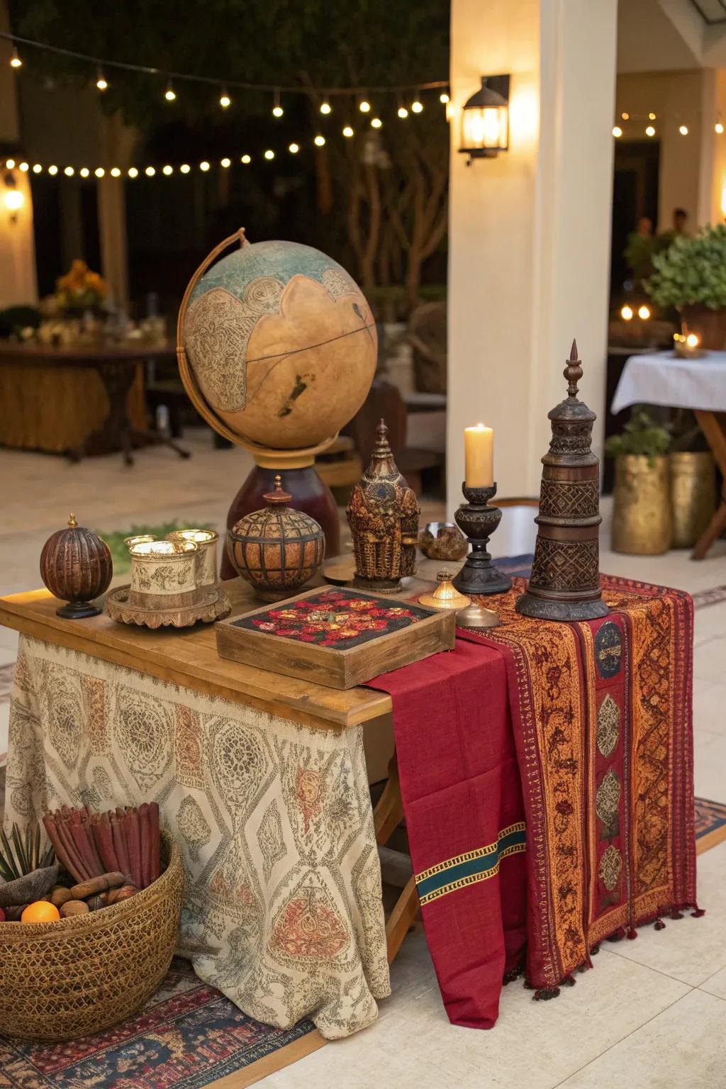 Cultural cocktail table with global accent pieces.