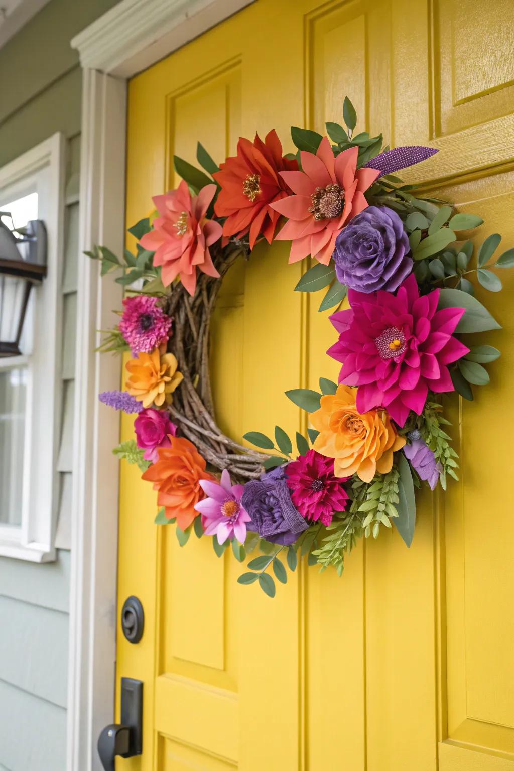 Paper flowers offer a vibrant and creative wreath option.