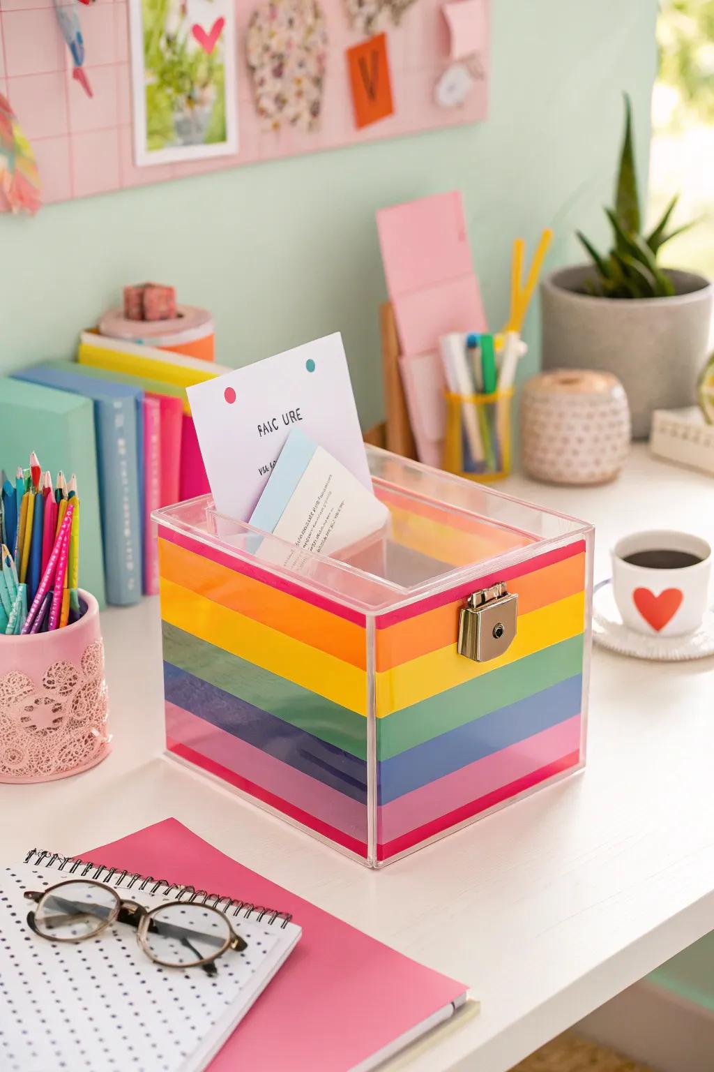 A lively acrylic suggestion box adding color to a home office.