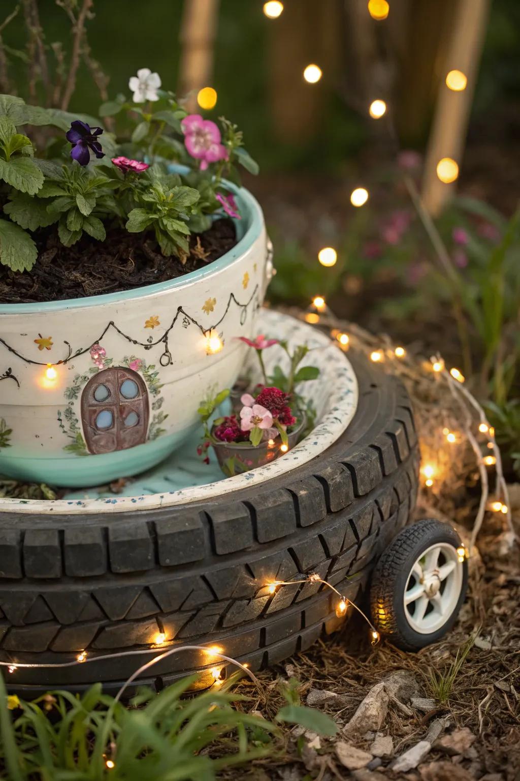 A recycled tire becomes a whimsical teacup fairy garden.