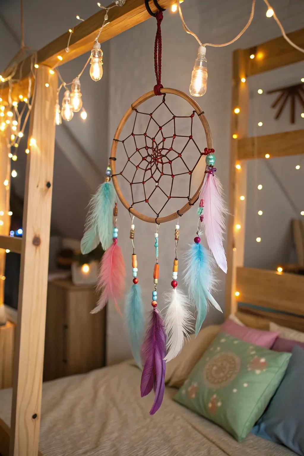 A boho dream catcher enhanced by fairy lights, adding whimsy to the bedroom.