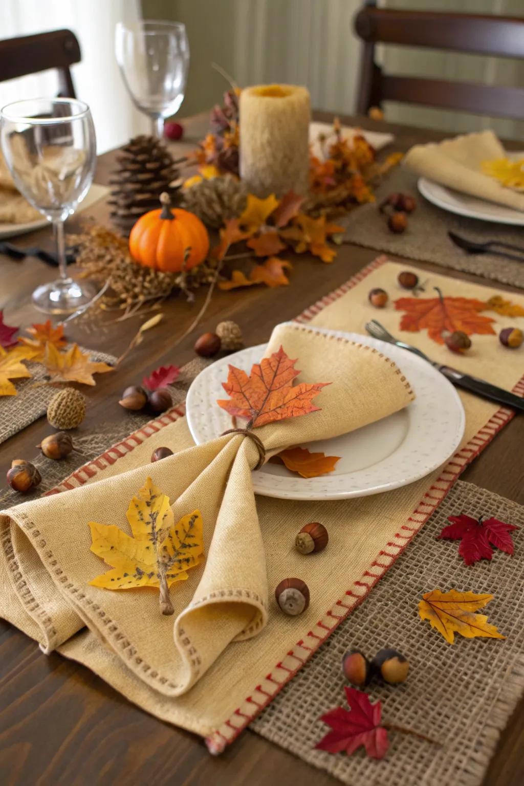 A burlap runner adds rustic charm to a fall-themed table.