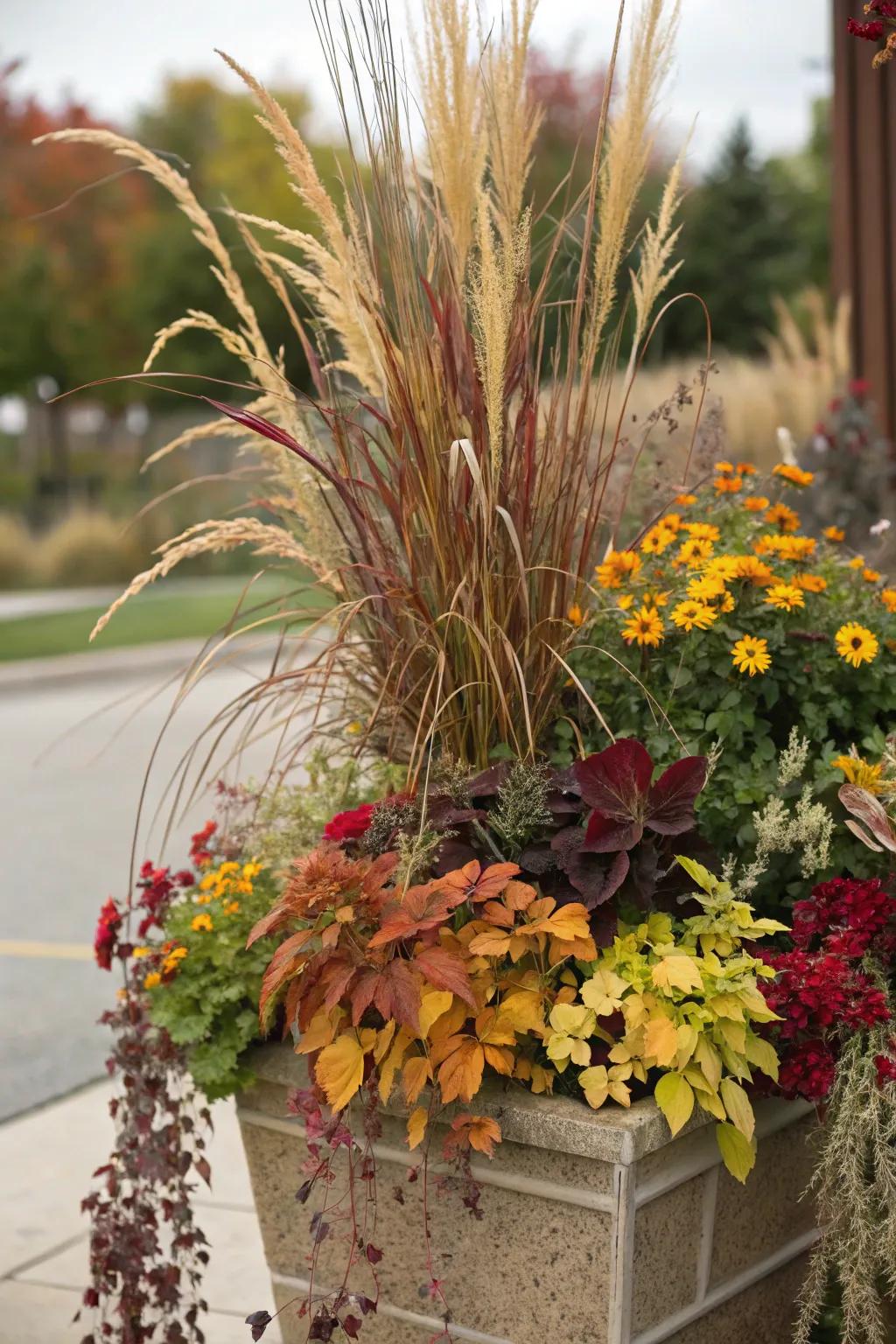 Layered heights create a dynamic and engaging fall planter.