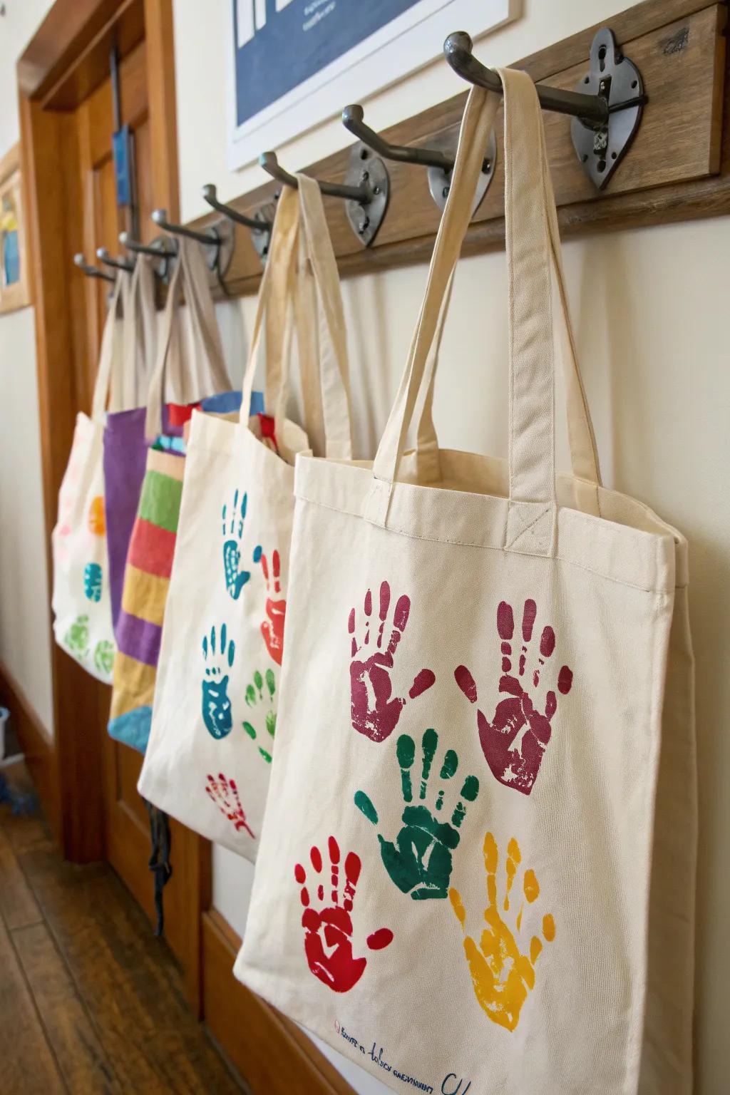 Carry your essentials with personalized handprint totes.