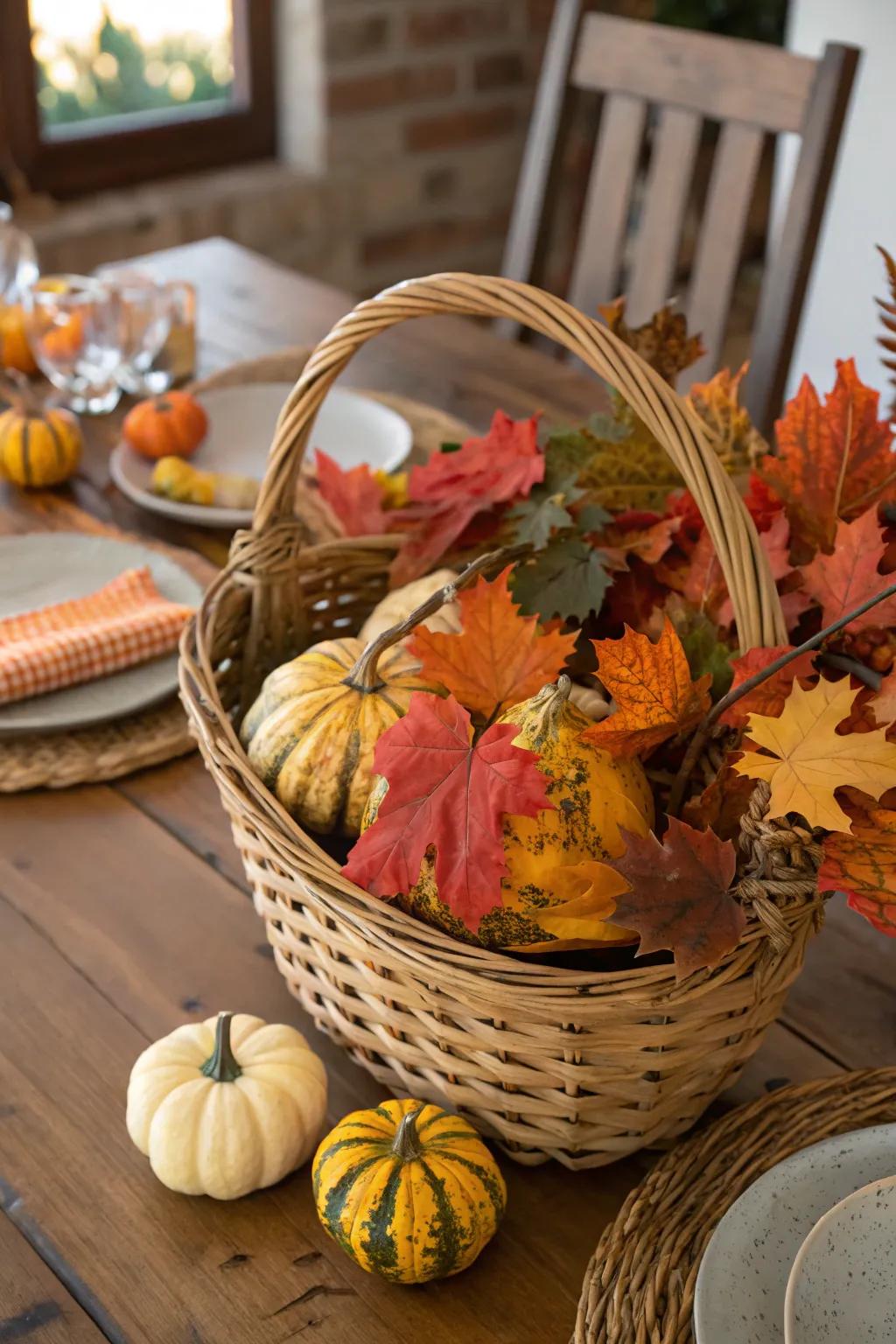 A harvest basket filled with leaves and gourds captures the essence of fall.