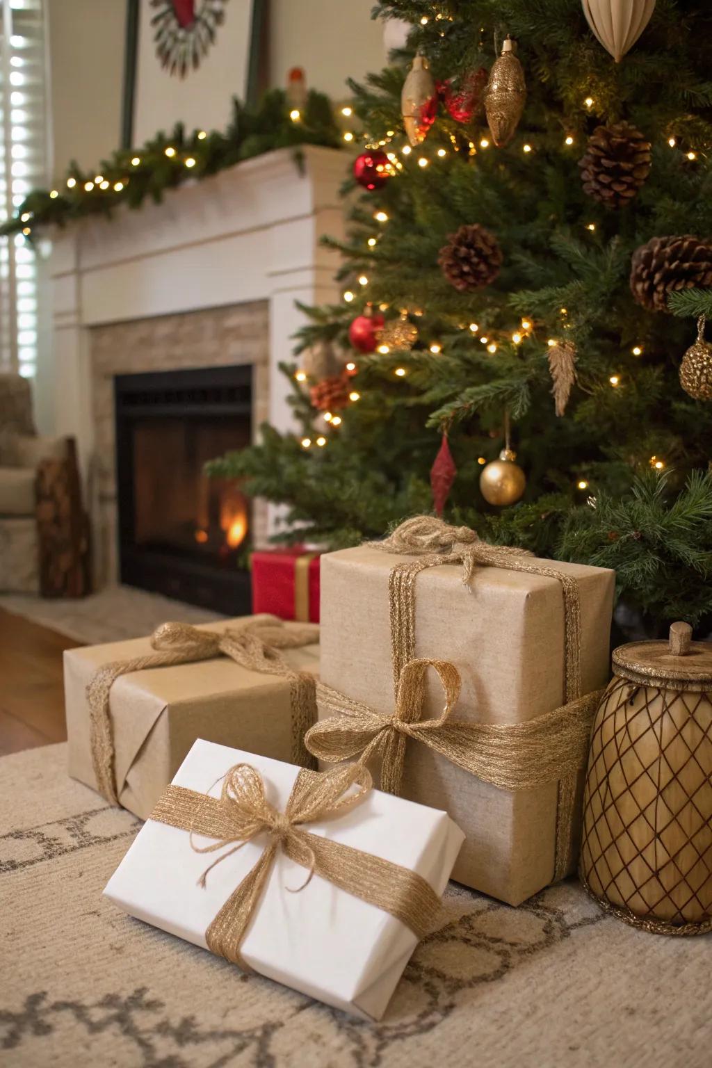 Gifts wrapped with rustic twine and burlap bows.