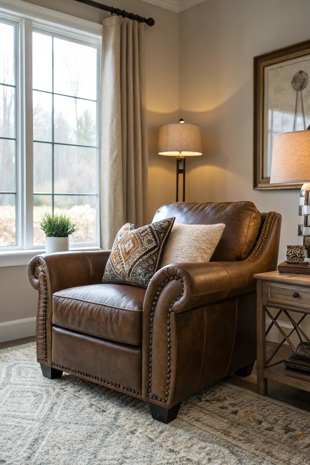 Leather accents add warmth and luxury to farmhouse interiors.