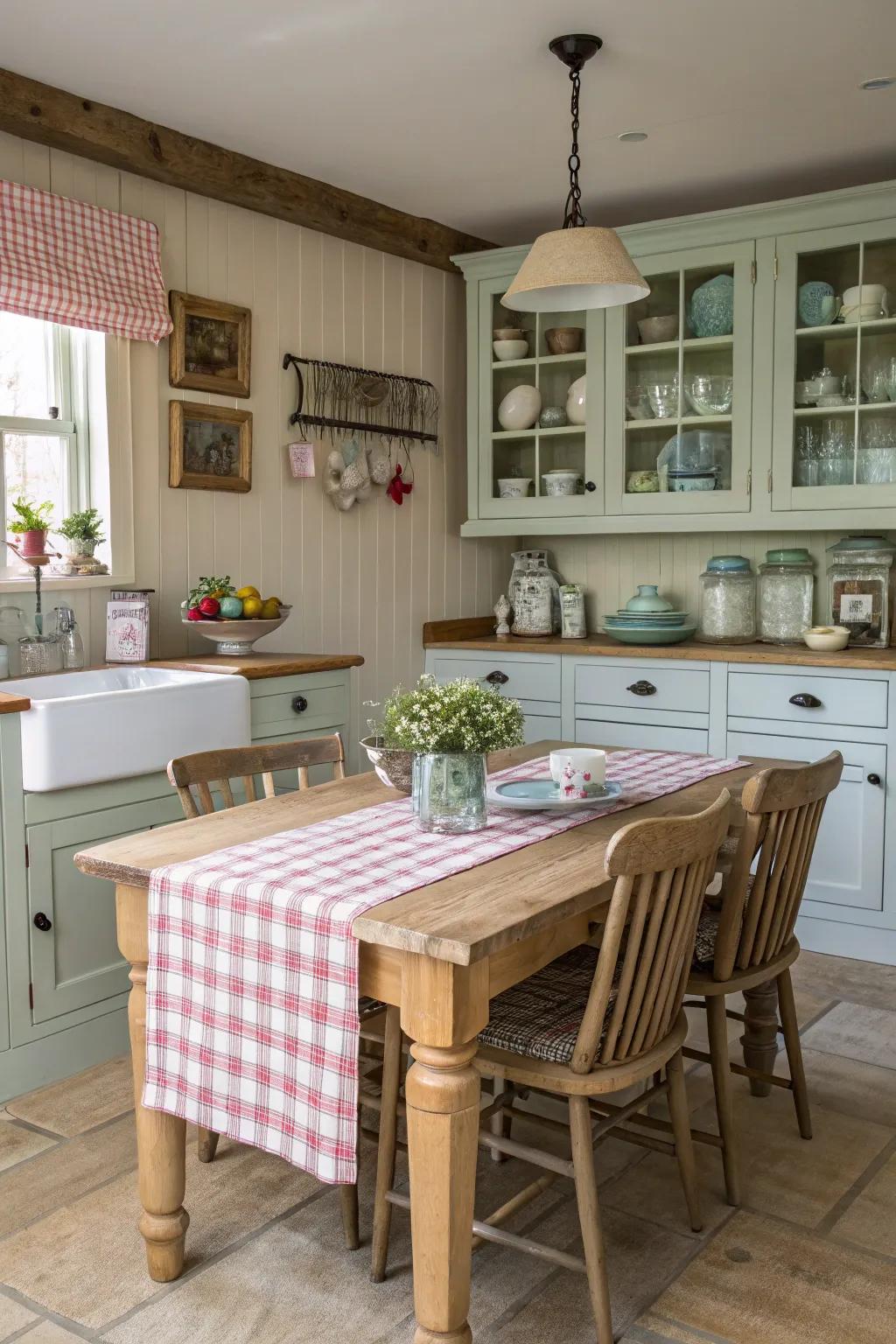 Farmhouse kitchen featuring beadboard panel cabinets for added texture.