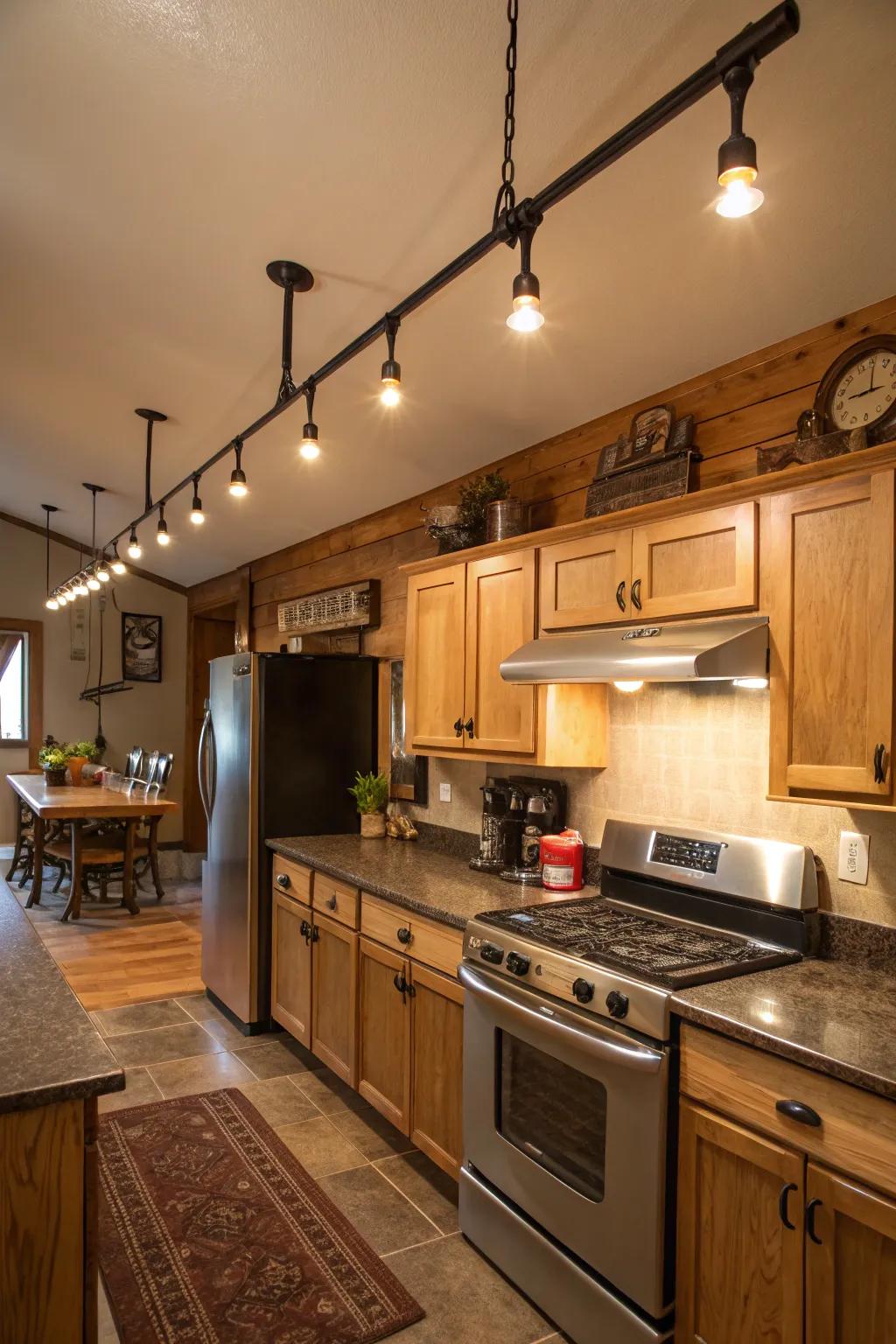 Barn-style track lighting offers flexible illumination in the kitchen.