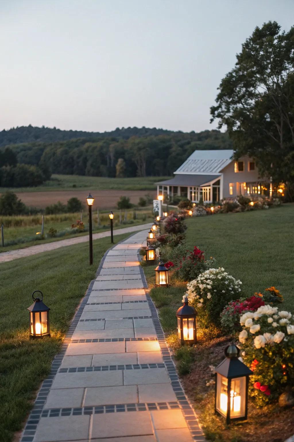 Pathway lighting adds safety and a magical ambiance to this farmhouse entrance.