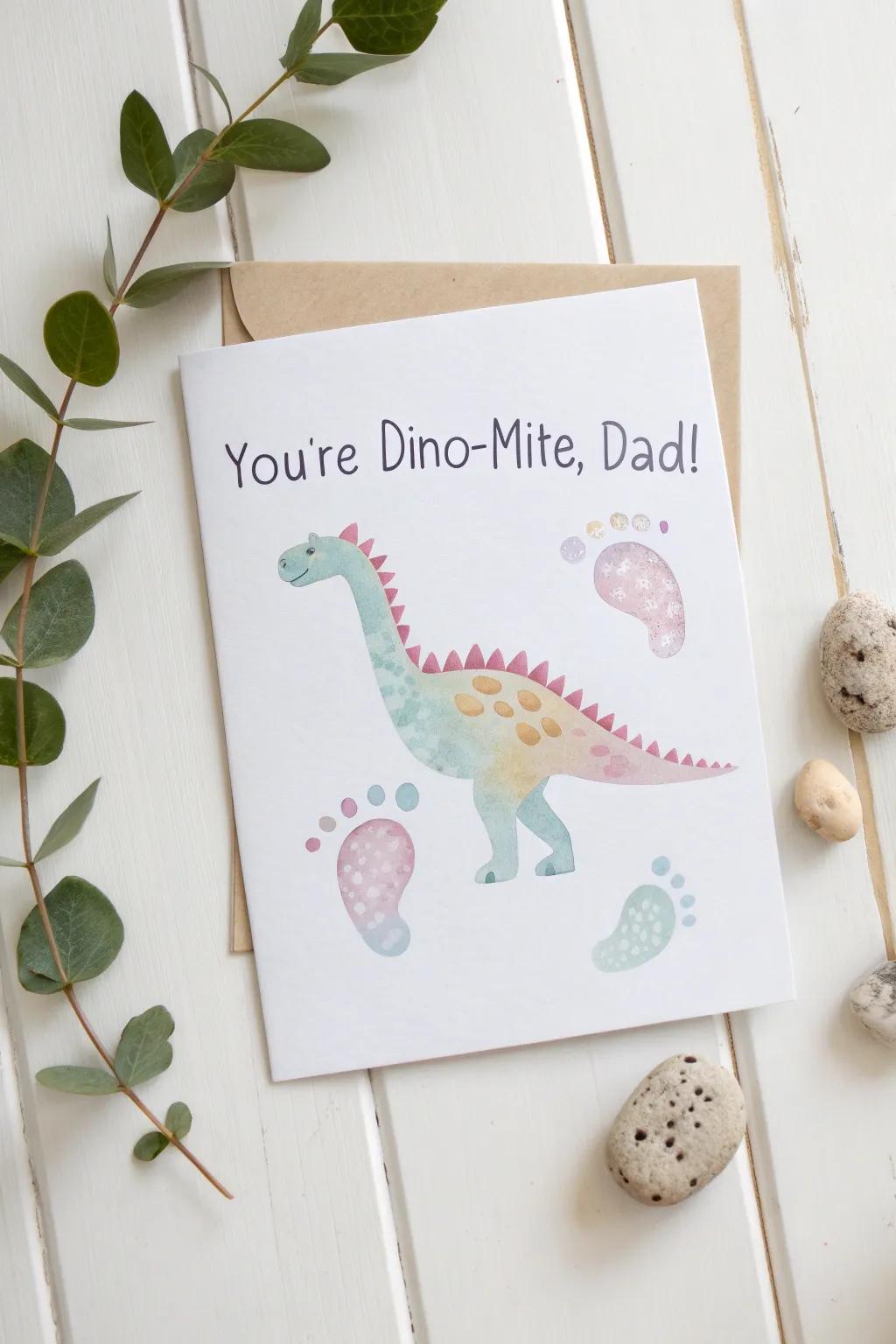 Capture Dad's heart with this charming footprint dinosaur card, a perfect blend of creativity and love.