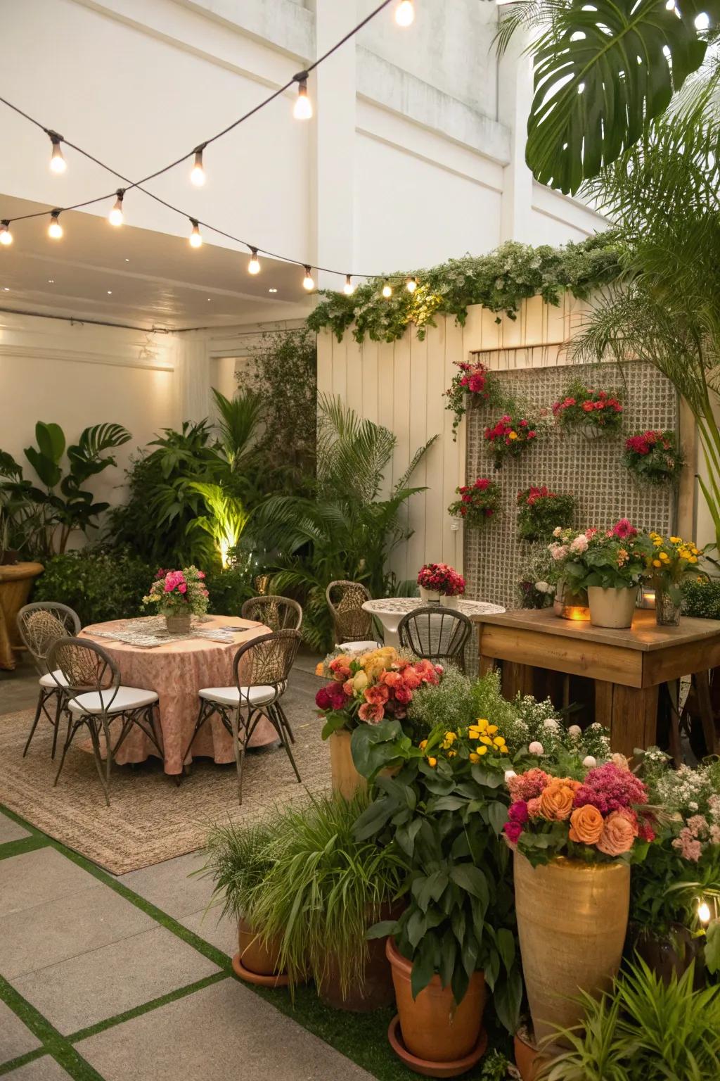 Create a lush indoor garden setting for a refreshing February birthday celebration.