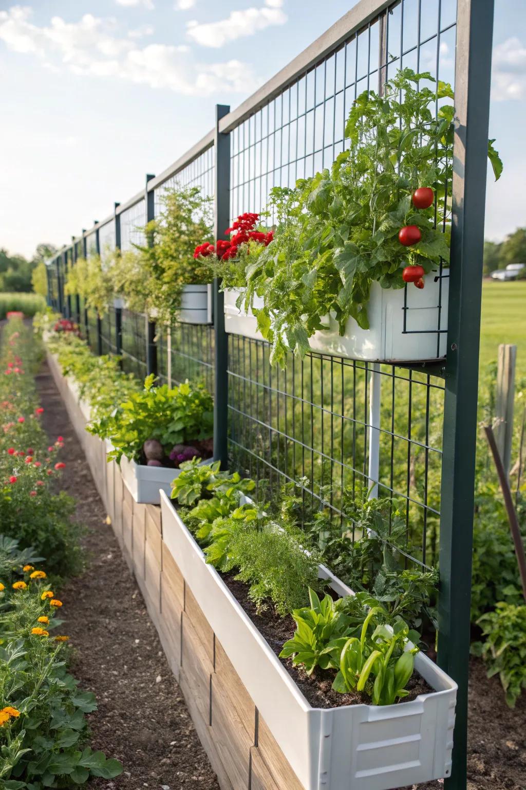 A vertical vegetable garden on your fence brings fresh produce to your doorstep.