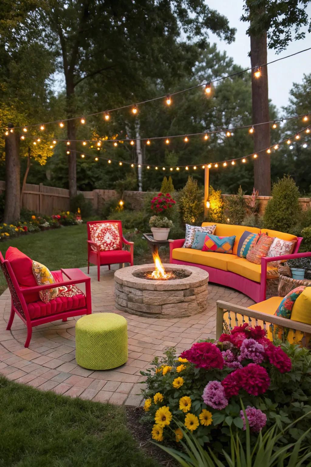 Bright and bold seating adds a playful and inviting touch to your fire pit area.