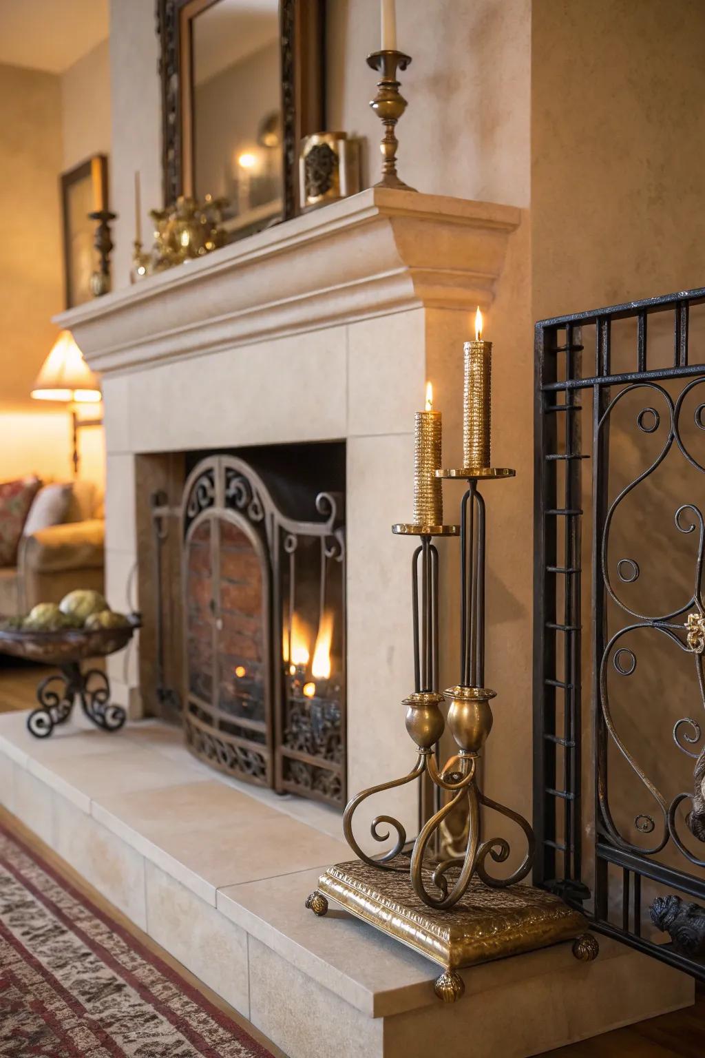 Metal accents add a modern touch to this fireplace decor.