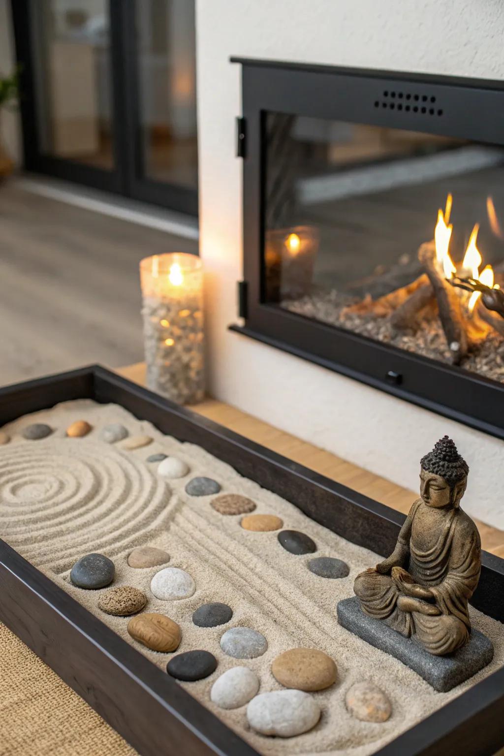 Create a calming Zen corner in your fireplace.