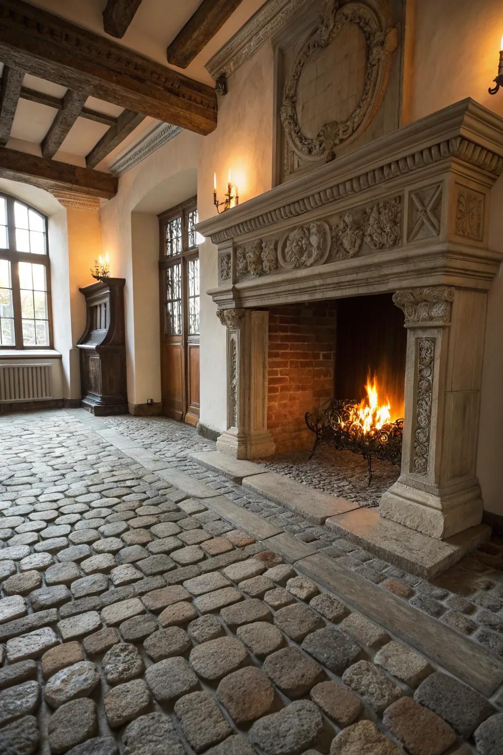 Cobblestone flooring evokes a timeless, historic charm.