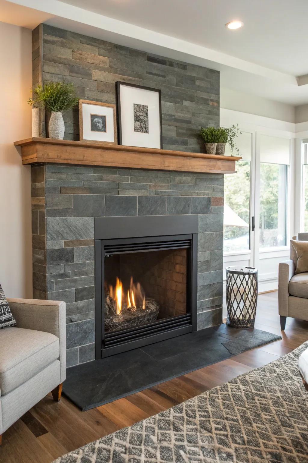 Slate tiles adding texture and richness to a contemporary fireplace design.