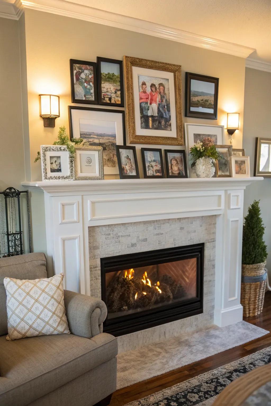 Family photos personalize your mantel and tell your story.